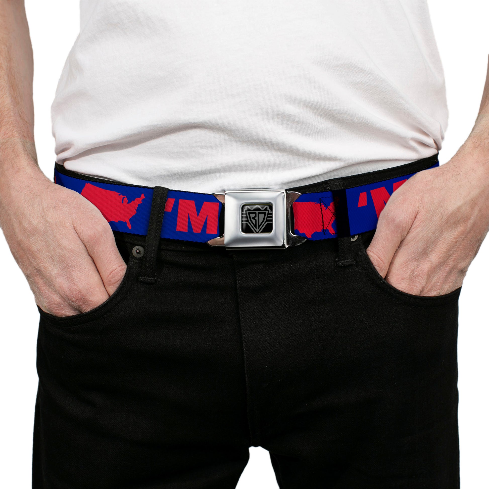 BD Wings Logo CLOSE-UP Full Color Black Silver Seatbelt Belt - 'MERICA/USA Silhouette Blue/Red Webbing Seatbelt Belts Buckle-Down