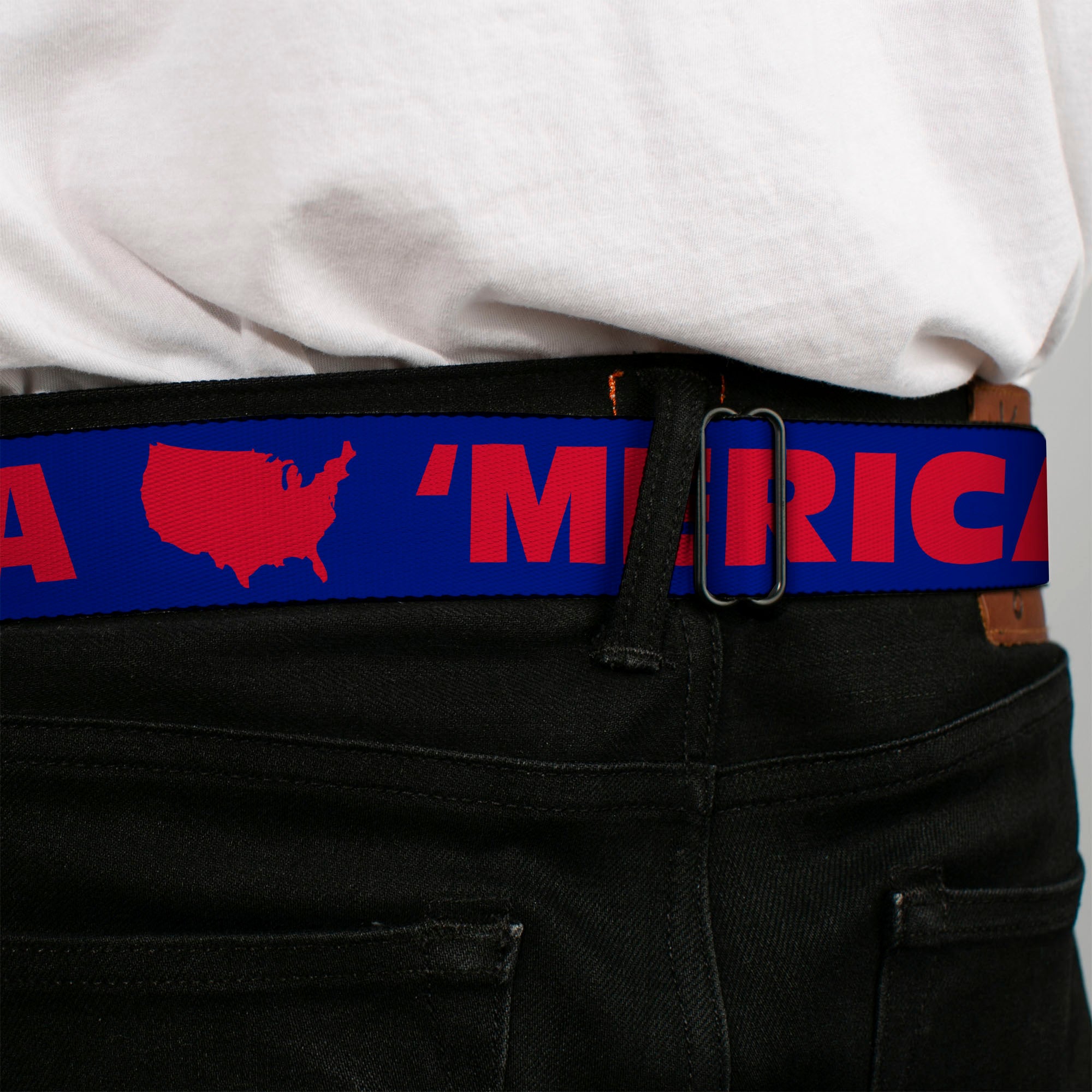BD Wings Logo CLOSE-UP Full Color Black Silver Seatbelt Belt - 'MERICA/USA Silhouette Blue/Red Webbing Seatbelt Belts Buckle-Down
