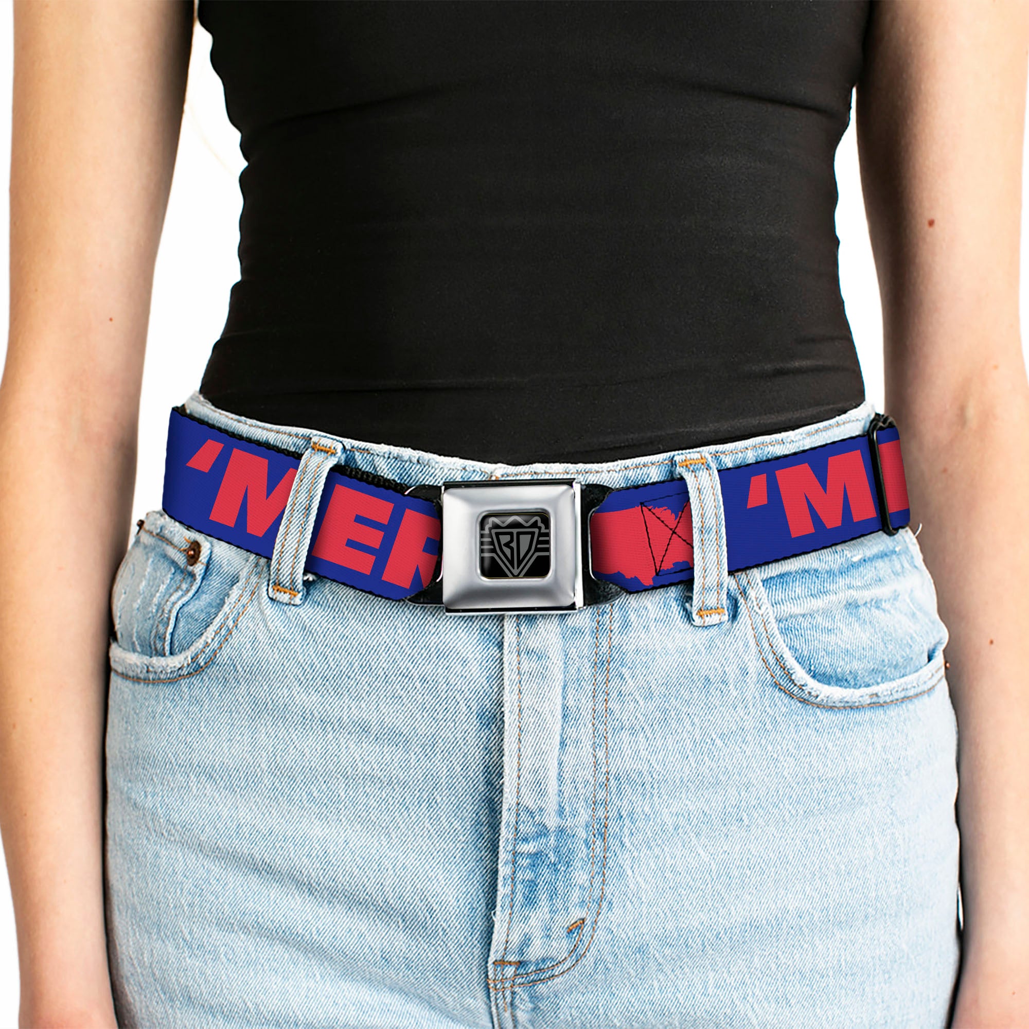 BD Wings Logo CLOSE-UP Full Color Black Silver Seatbelt Belt - 'MERICA/USA Silhouette Blue/Red Webbing Seatbelt Belts Buckle-Down