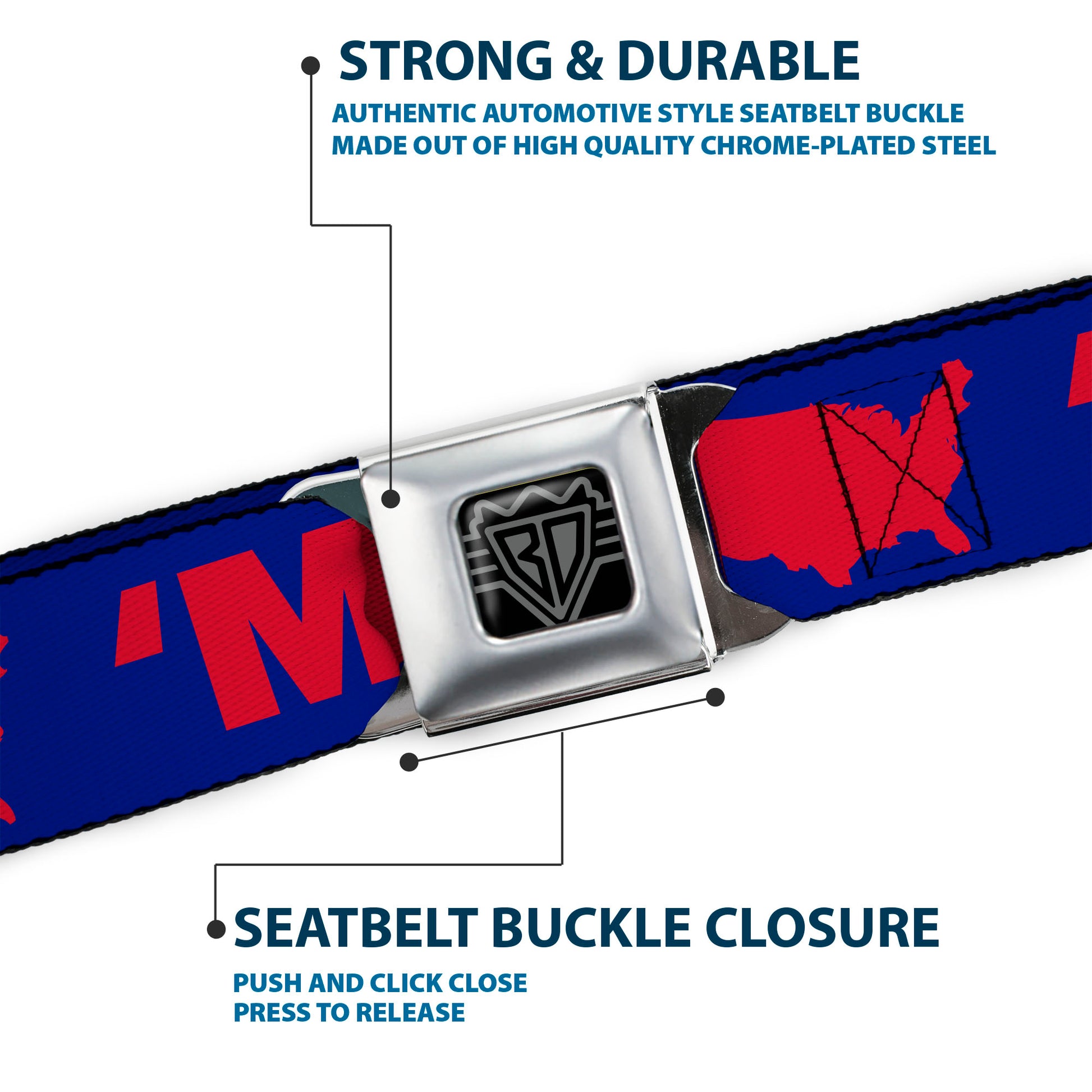 BD Wings Logo CLOSE-UP Full Color Black Silver Seatbelt Belt - 'MERICA/USA Silhouette Blue/Red Webbing Seatbelt Belts Buckle-Down
