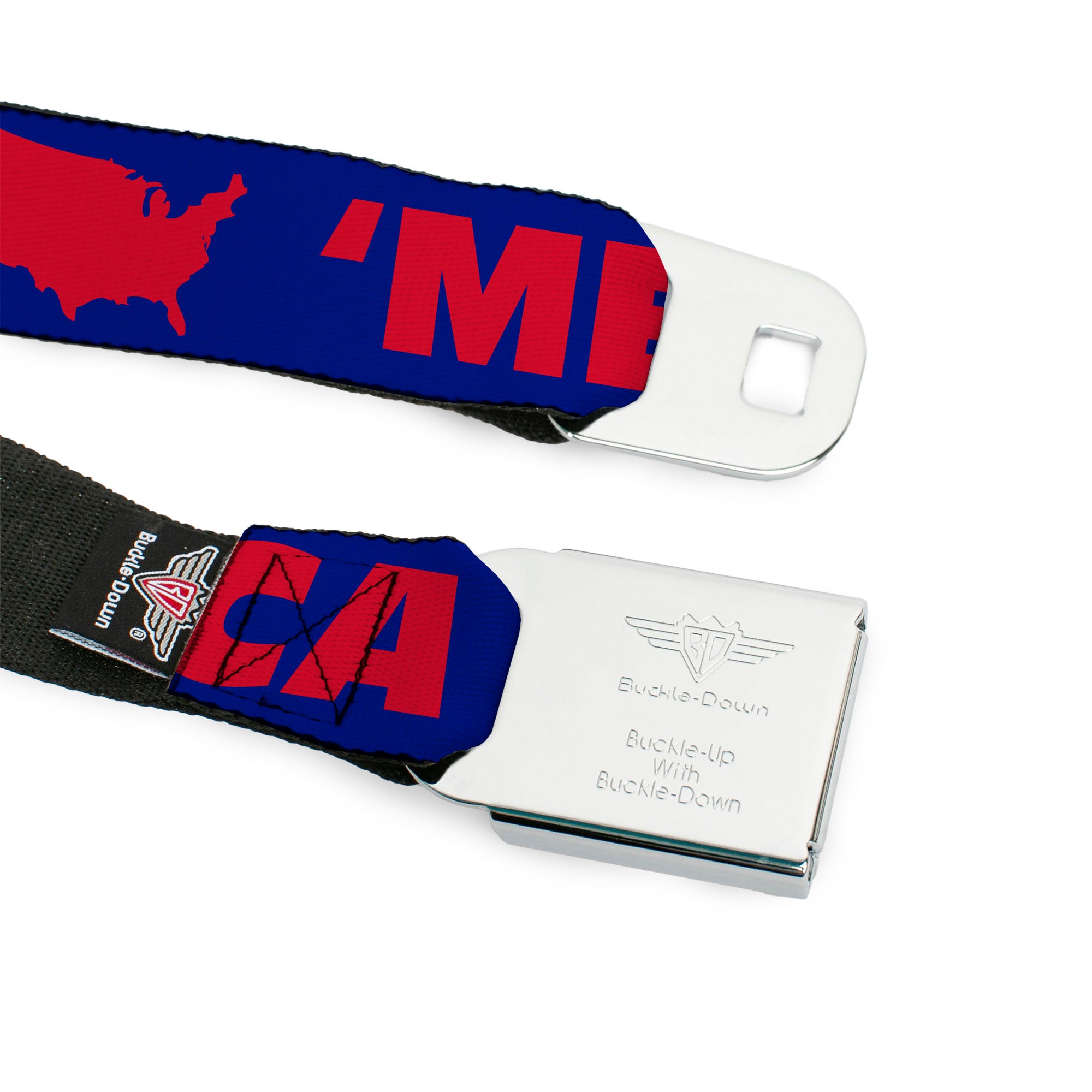 BD Wings Logo CLOSE-UP Full Color Black Silver Seatbelt Belt - 'MERICA/USA Silhouette Blue/Red Webbing Seatbelt Belts Buckle-Down