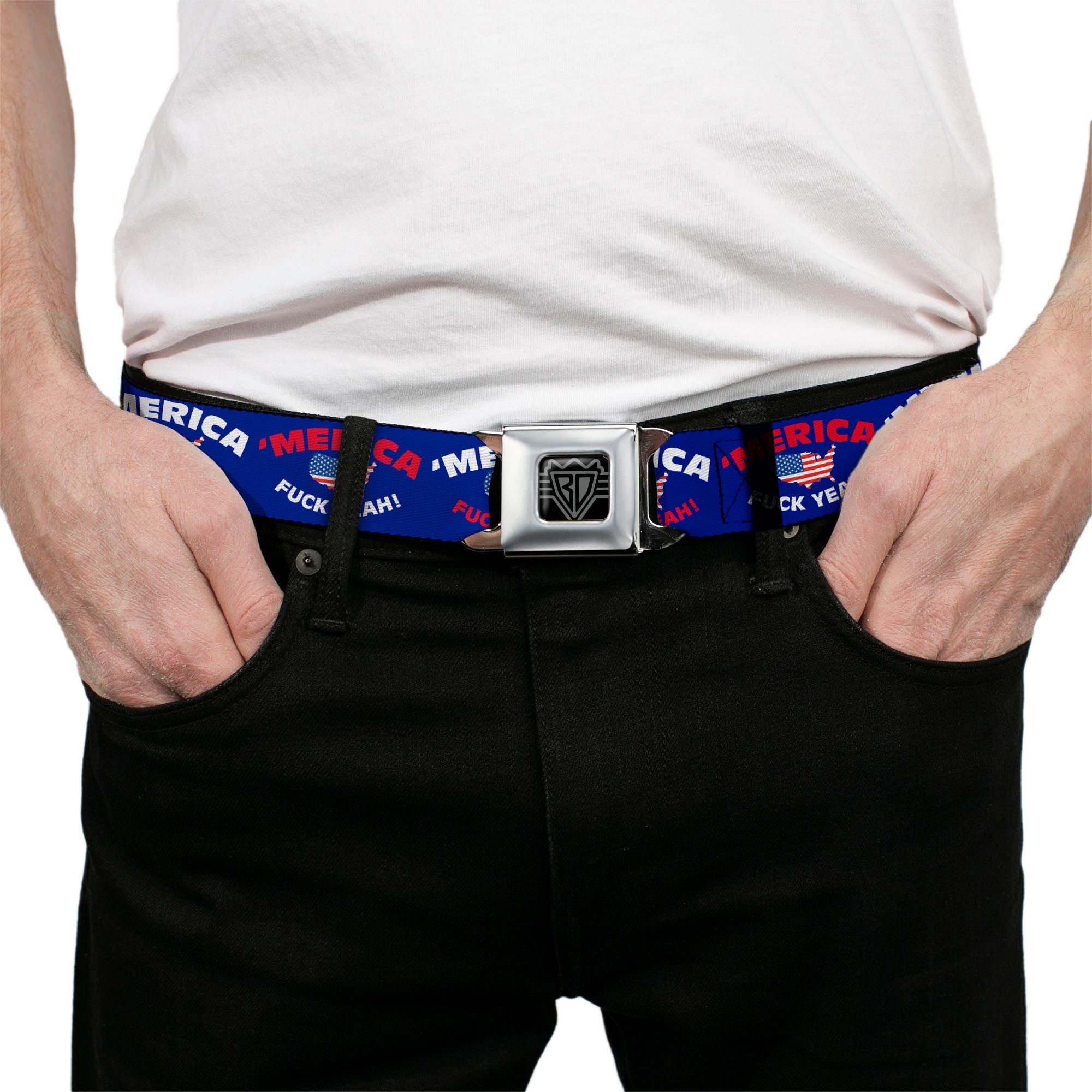 BD Wings Logo CLOSE-UP Full Color Black Silver Seatbelt Belt - 'MERICA FUCK YEAH!/USA Silhouette Blue/White/Red/US Flag Webbing Seatbelt Belts Buckle-Down