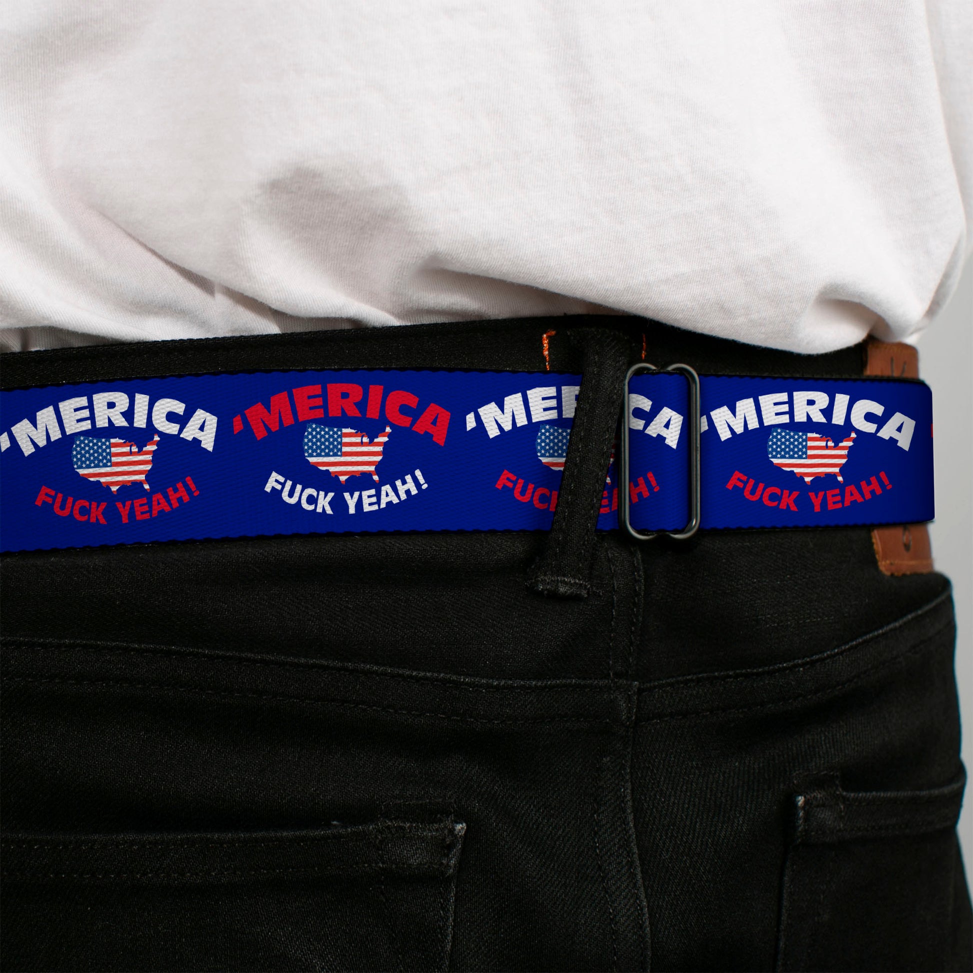 BD Wings Logo CLOSE-UP Full Color Black Silver Seatbelt Belt - 'MERICA FUCK YEAH!/USA Silhouette Blue/White/Red/US Flag Webbing Seatbelt Belts Buckle-Down