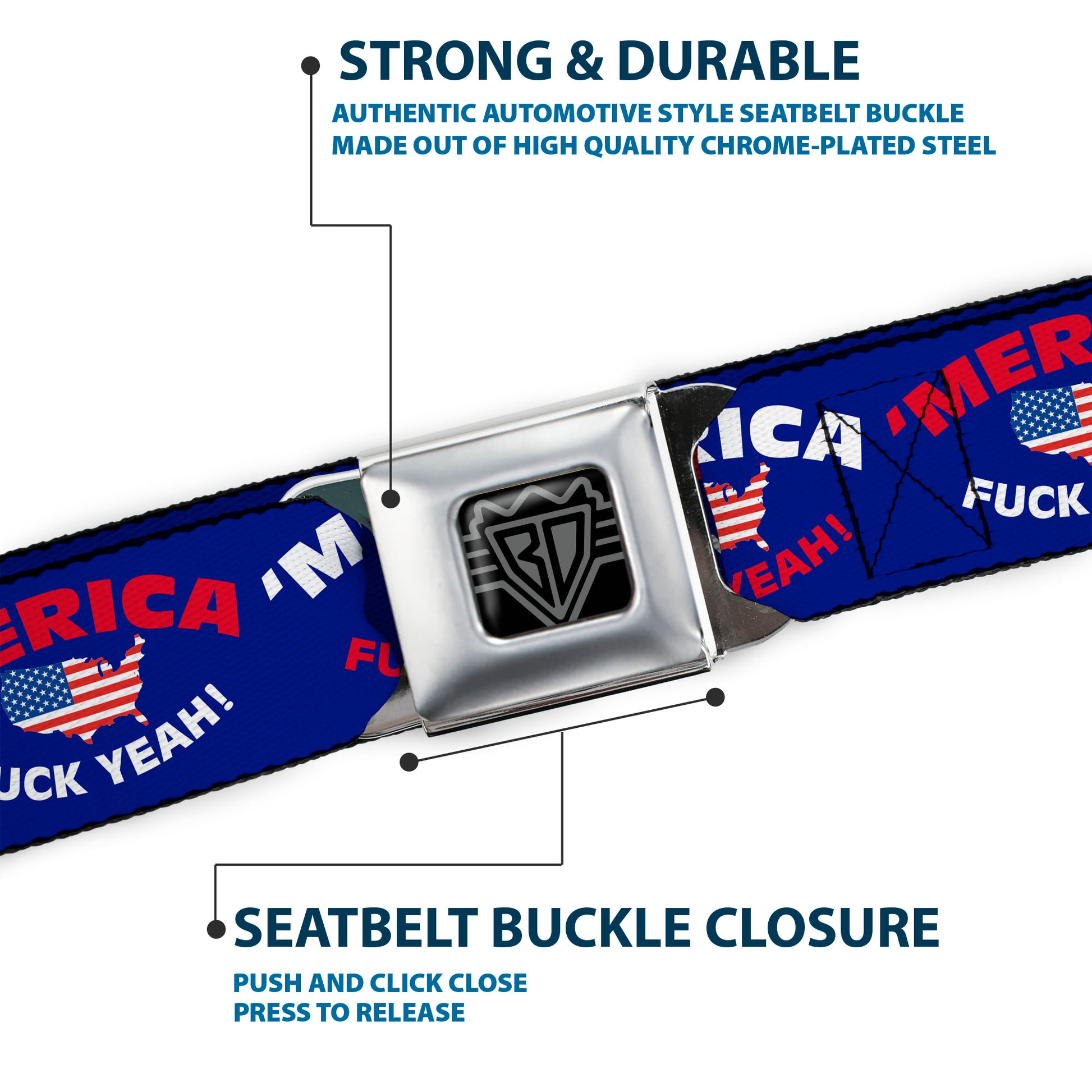 BD Wings Logo CLOSE-UP Full Color Black Silver Seatbelt Belt - 'MERICA FUCK YEAH!/USA Silhouette Blue/White/Red/US Flag Webbing Seatbelt Belts Buckle-Down
