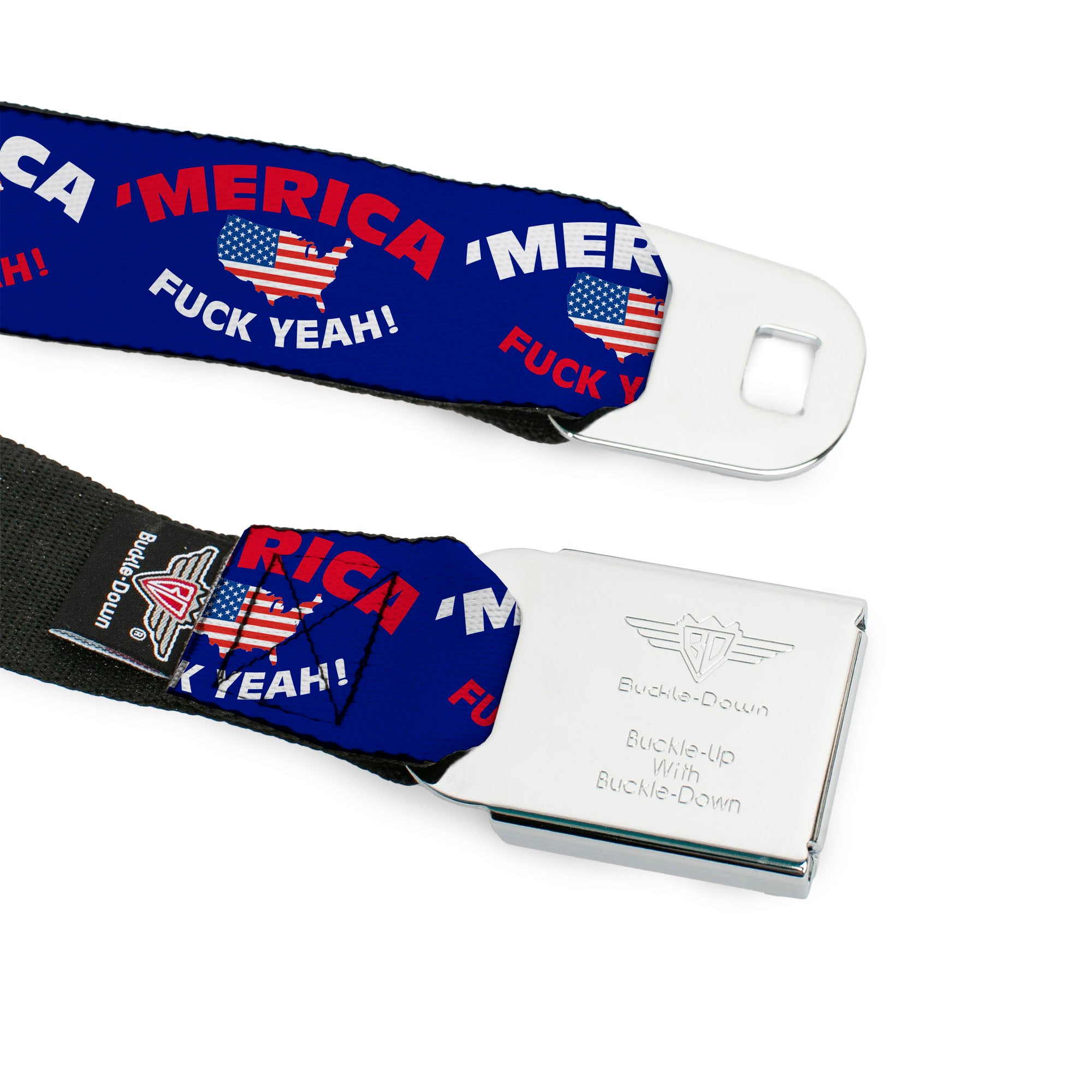 BD Wings Logo CLOSE-UP Full Color Black Silver Seatbelt Belt - 'MERICA FUCK YEAH!/USA Silhouette Blue/White/Red/US Flag Webbing Seatbelt Belts Buckle-Down