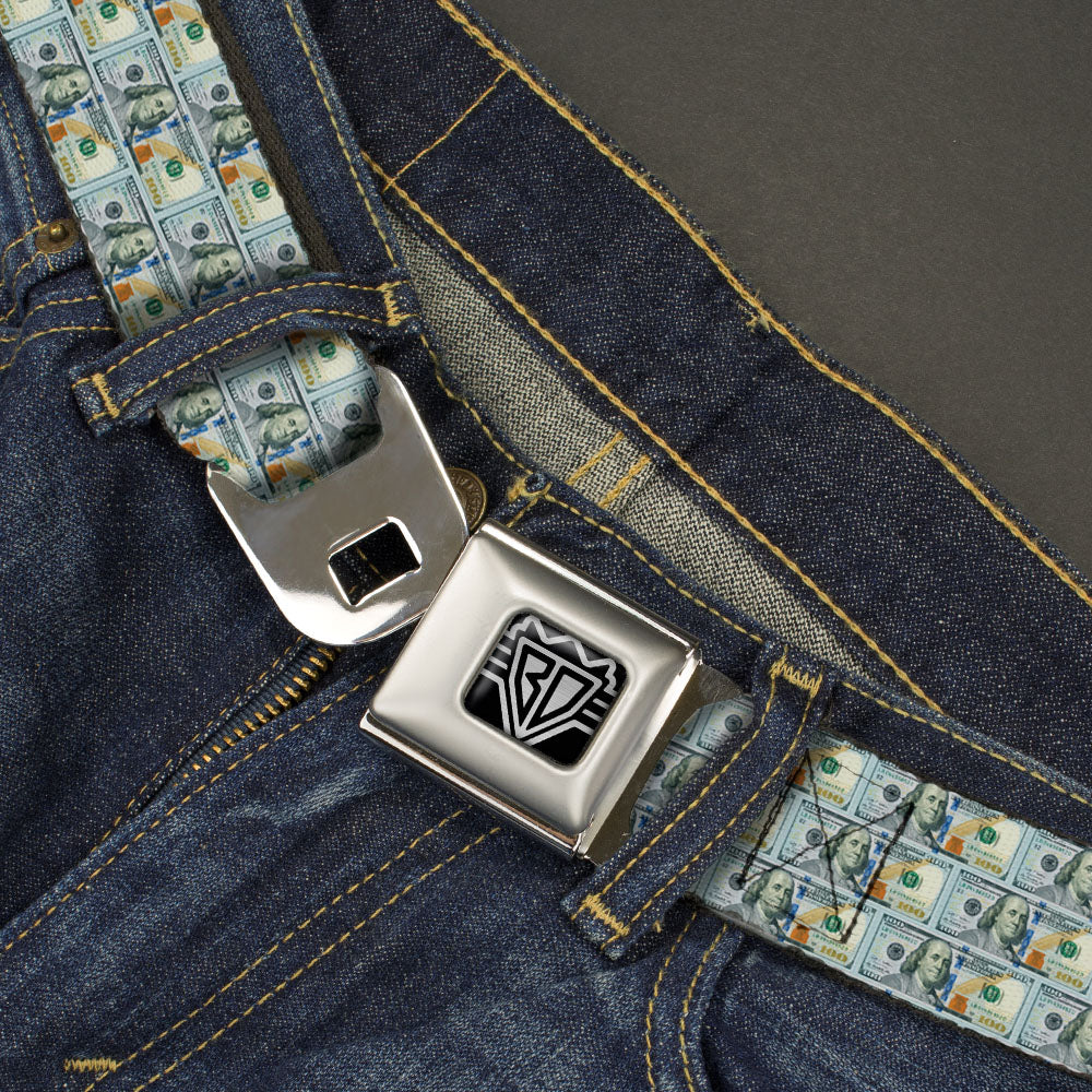 BD Wings Logo CLOSE-UP Full Color Black Silver Seatbelt Belt - 100 Dollar Bill Series 2009 Repeat Webbing Seatbelt Belts Buckle-Down