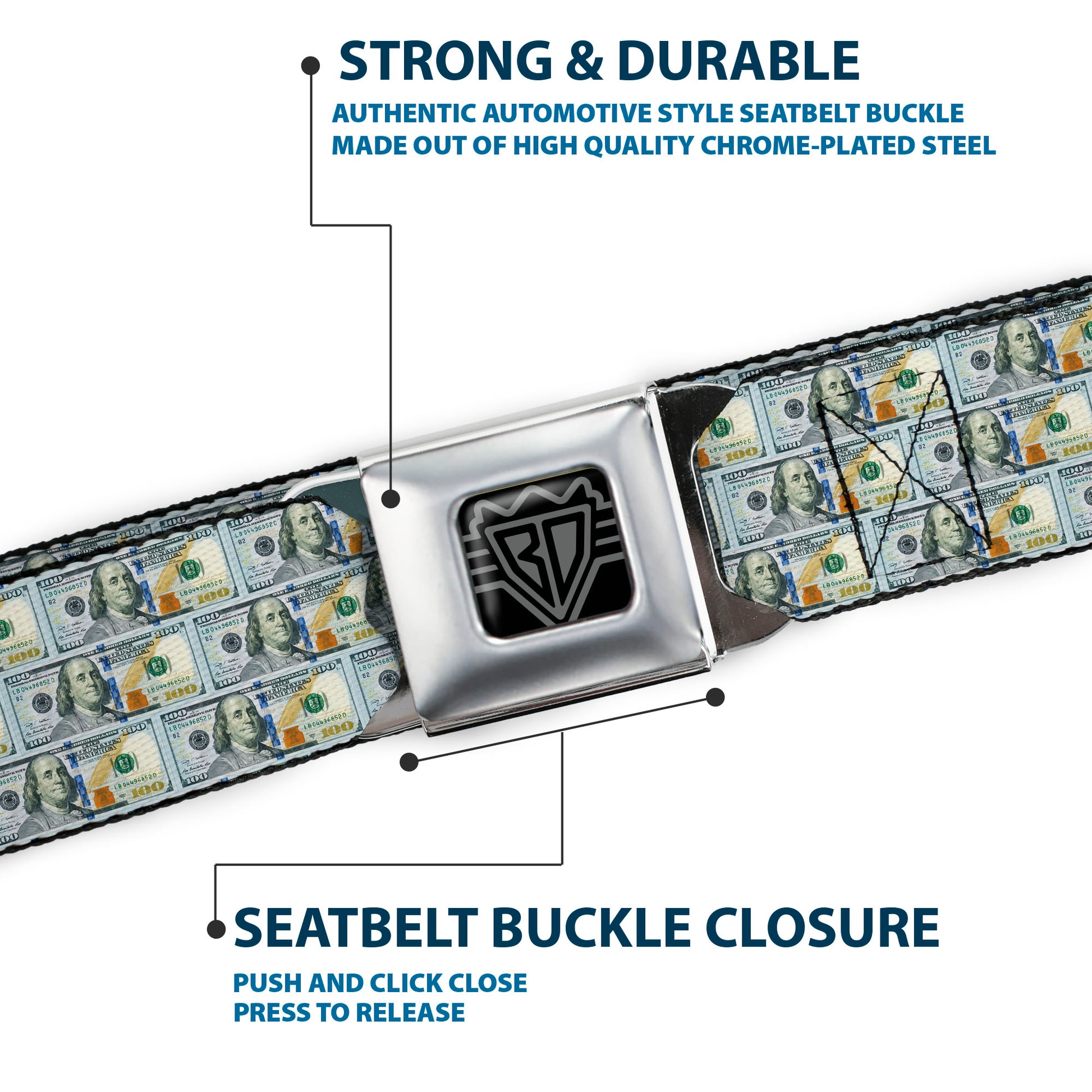BD Wings Logo CLOSE-UP Full Color Black Silver Seatbelt Belt - 100 Dollar Bill Series 2009 Repeat Webbing Seatbelt Belts Buckle-Down
