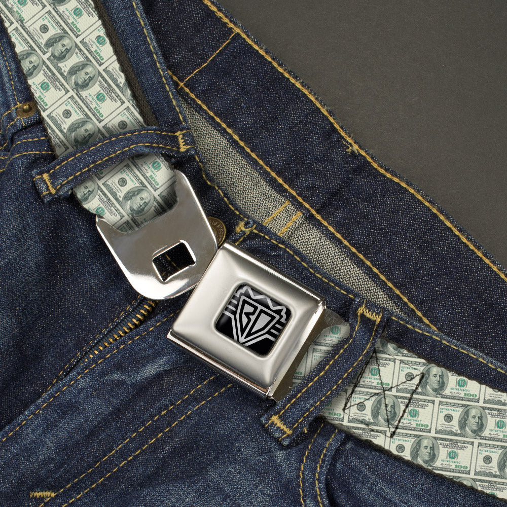 BD Wings Logo CLOSE-UP Full Color Black Silver Seatbelt Belt - 100 Dollar Bill Old Series 2006 Repeat Webbing Seatbelt Belts Buckle-Down