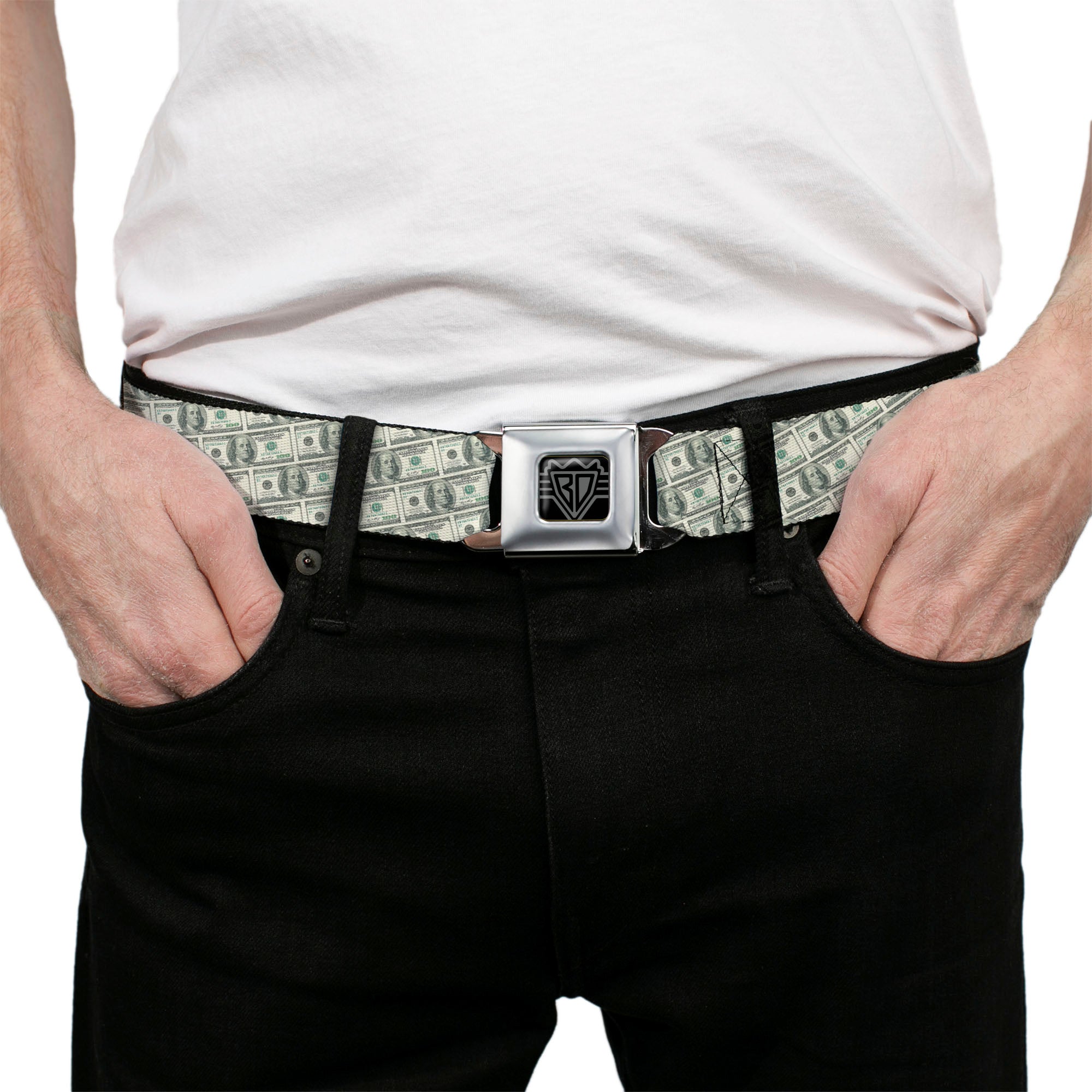 BD Wings Logo CLOSE-UP Full Color Black Silver Seatbelt Belt - 100 Dollar Bill Old Series 2006 Repeat Webbing Seatbelt Belts Buckle-Down