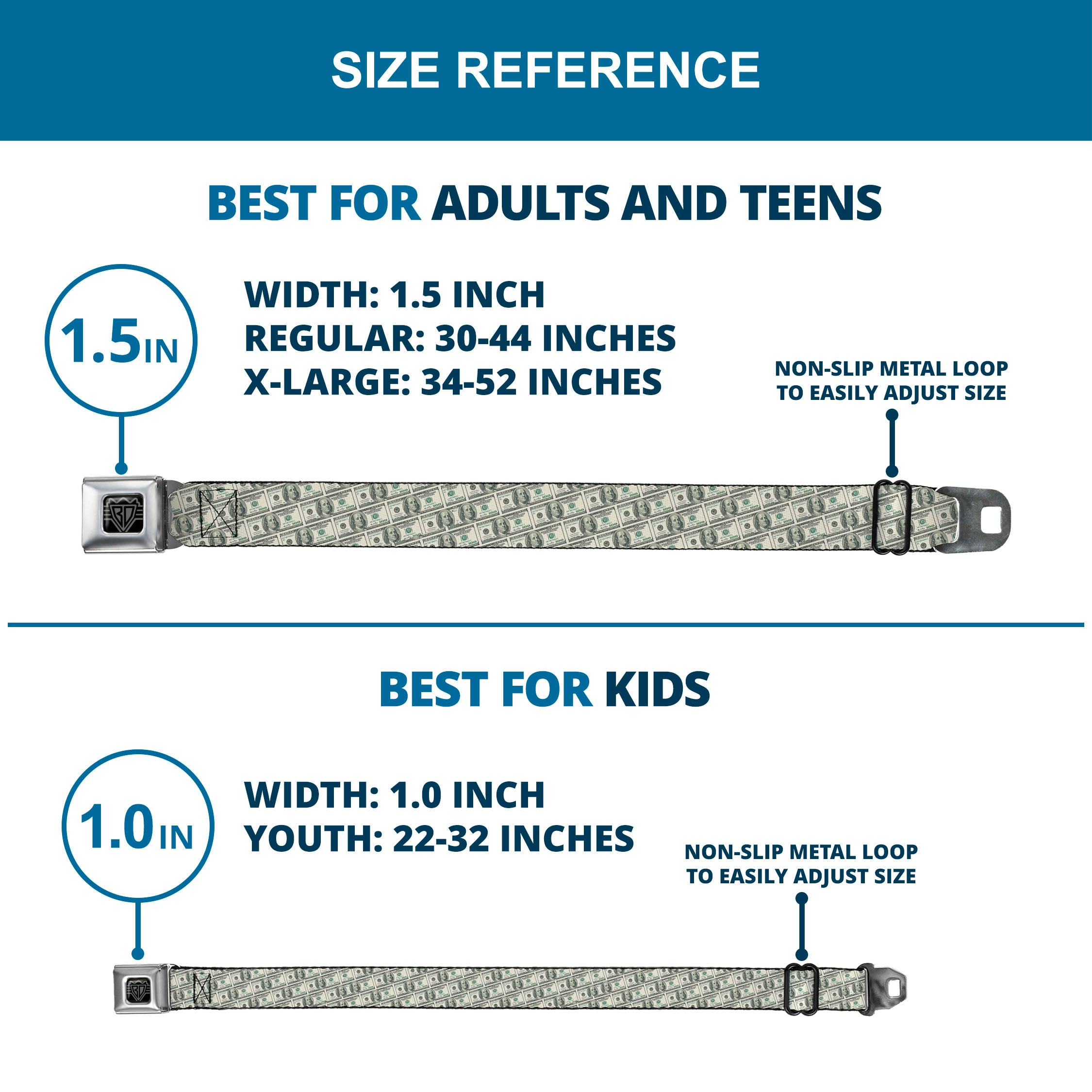 BD Wings Logo CLOSE-UP Full Color Black Silver Seatbelt Belt - 100 Dollar Bill Old Series 2006 Repeat Webbing Seatbelt Belts Buckle-Down