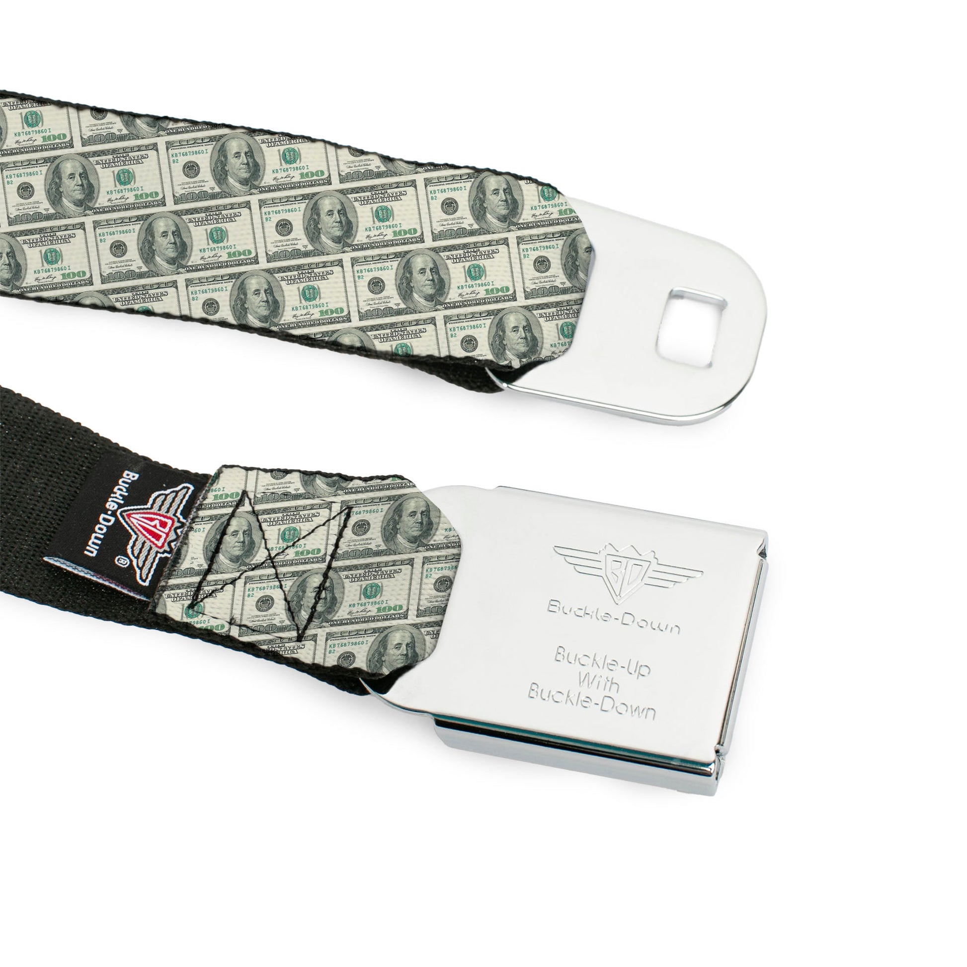 BD Wings Logo CLOSE-UP Full Color Black Silver Seatbelt Belt - 100 Dollar Bill Old Series 2006 Repeat Webbing Seatbelt Belts Buckle-Down