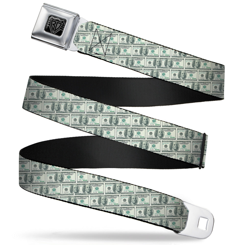 BD Wings Logo CLOSE-UP Full Color Black Silver Seatbelt Belt - 100 Dollar Bill Old Series 2006 Repeat Webbing Seatbelt Belts Buckle-Down