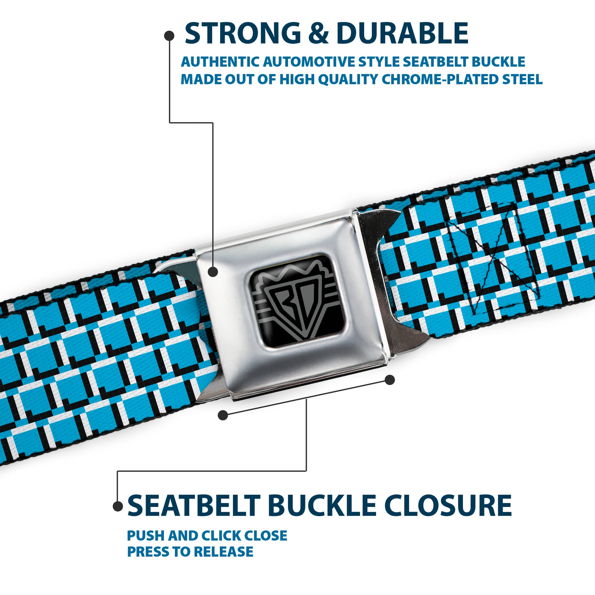 BD Wings Logo CLOSE-UP Black/Silver Seatbelt Belt - 8-Bit Pixel CLOSE-UP Blue/White/Black Webbing Seatbelt Belts Buckle-Down