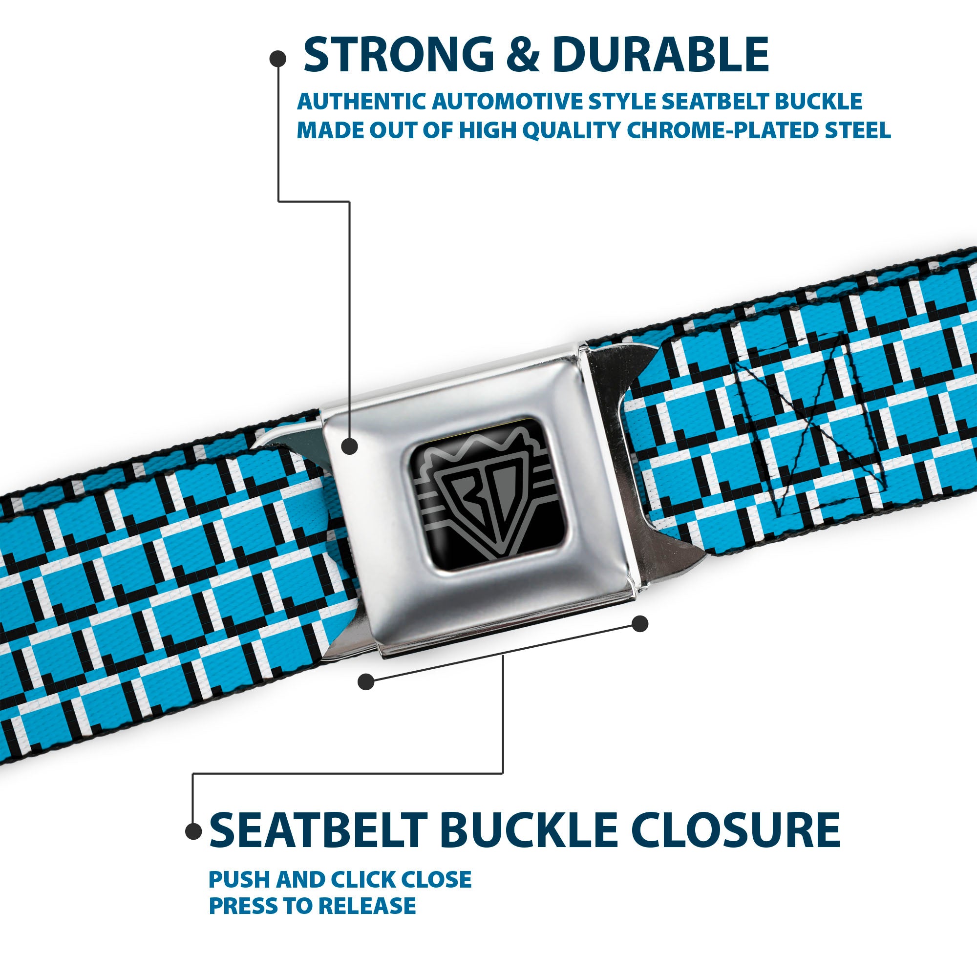 BD Wings Logo CLOSE-UP Black/Silver Seatbelt Belt - 8-Bit Pixel CLOSE-UP Blue/White/Black Webbing Seatbelt Belts Buckle-Down