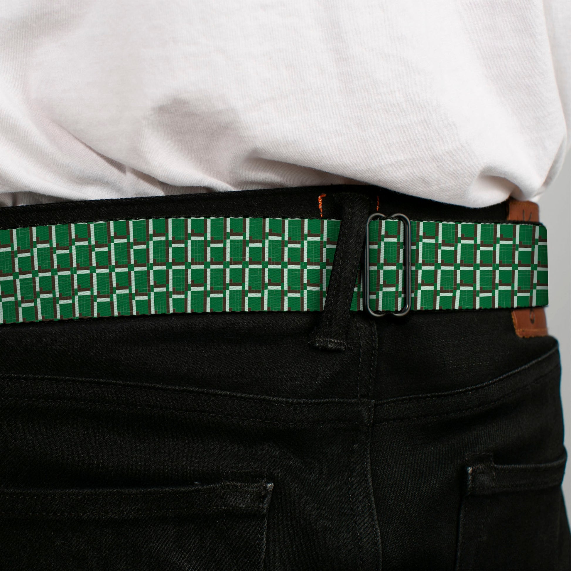 BD Wings Logo CLOSE-UP Black/Silver Seatbelt Belt - 8-Bit Pixel CLOSE-UP2 Green/White/Brown Webbing Seatbelt Belts Buckle-Down