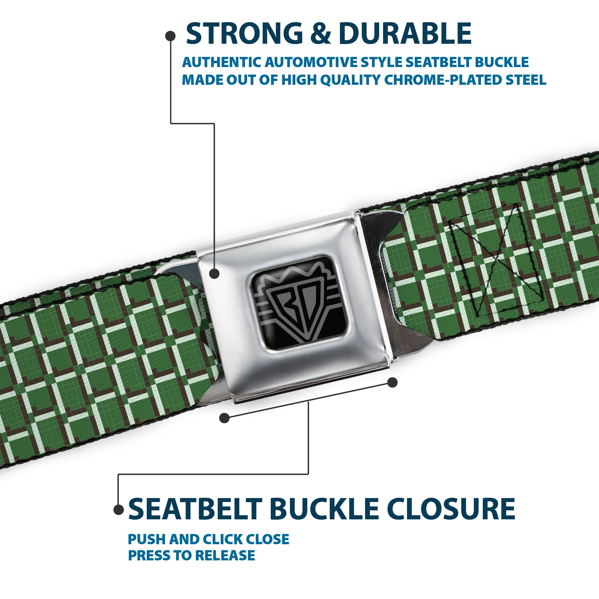 BD Wings Logo CLOSE-UP Black/Silver Seatbelt Belt - 8-Bit Pixel CLOSE-UP2 Green/White/Brown Webbing Seatbelt Belts Buckle-Down