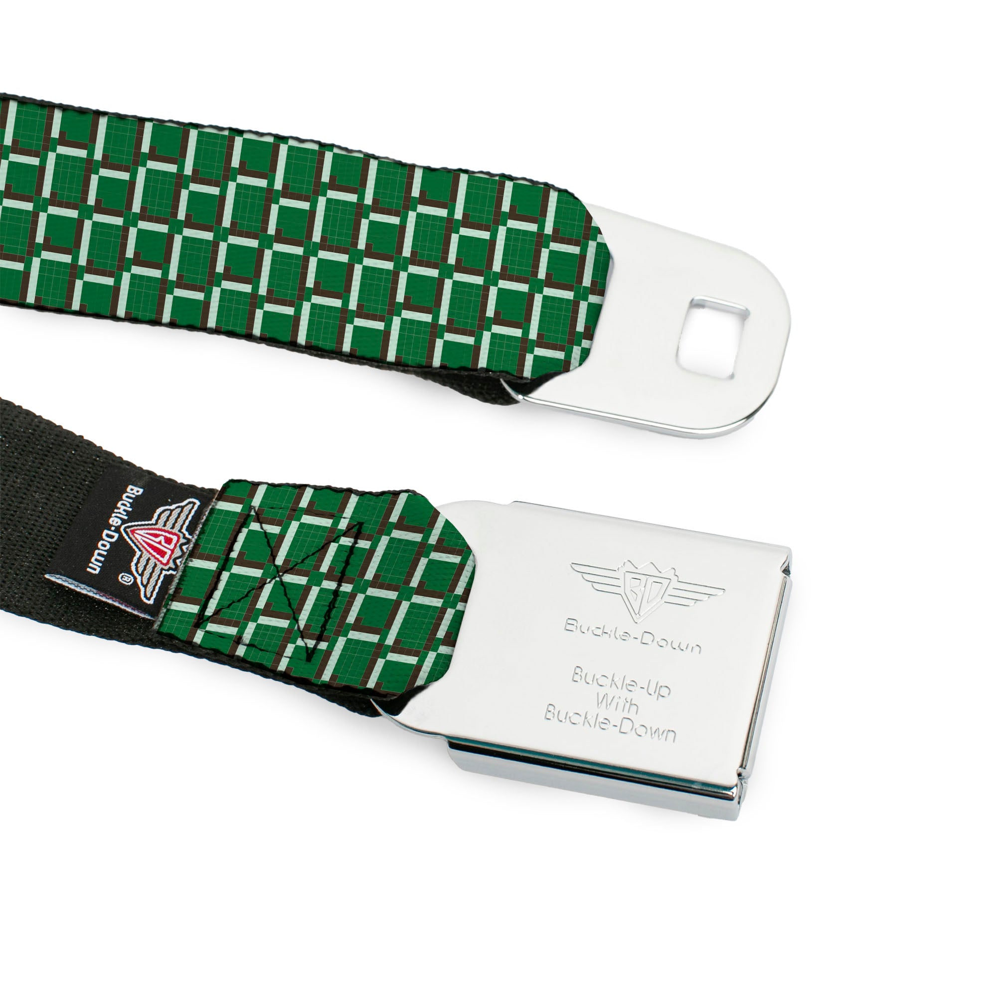 BD Wings Logo CLOSE-UP Black/Silver Seatbelt Belt - 8-Bit Pixel CLOSE-UP2 Green/White/Brown Webbing Seatbelt Belts Buckle-Down