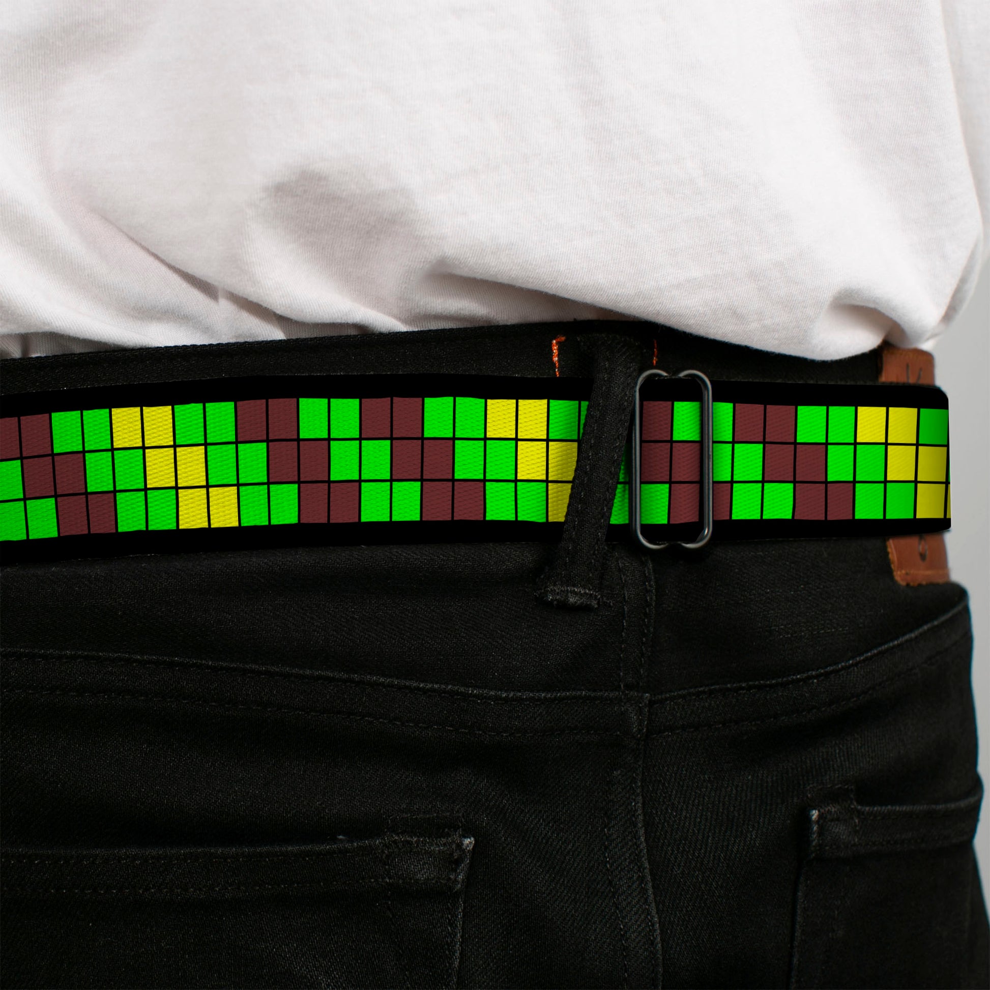 BD Wings Logo CLOSE-UP Black/Silver Seatbelt Belt - 8-Bit Pixel Step Stripe Black/Brown/Green/Yellow Webbing Seatbelt Belts Buckle-Down