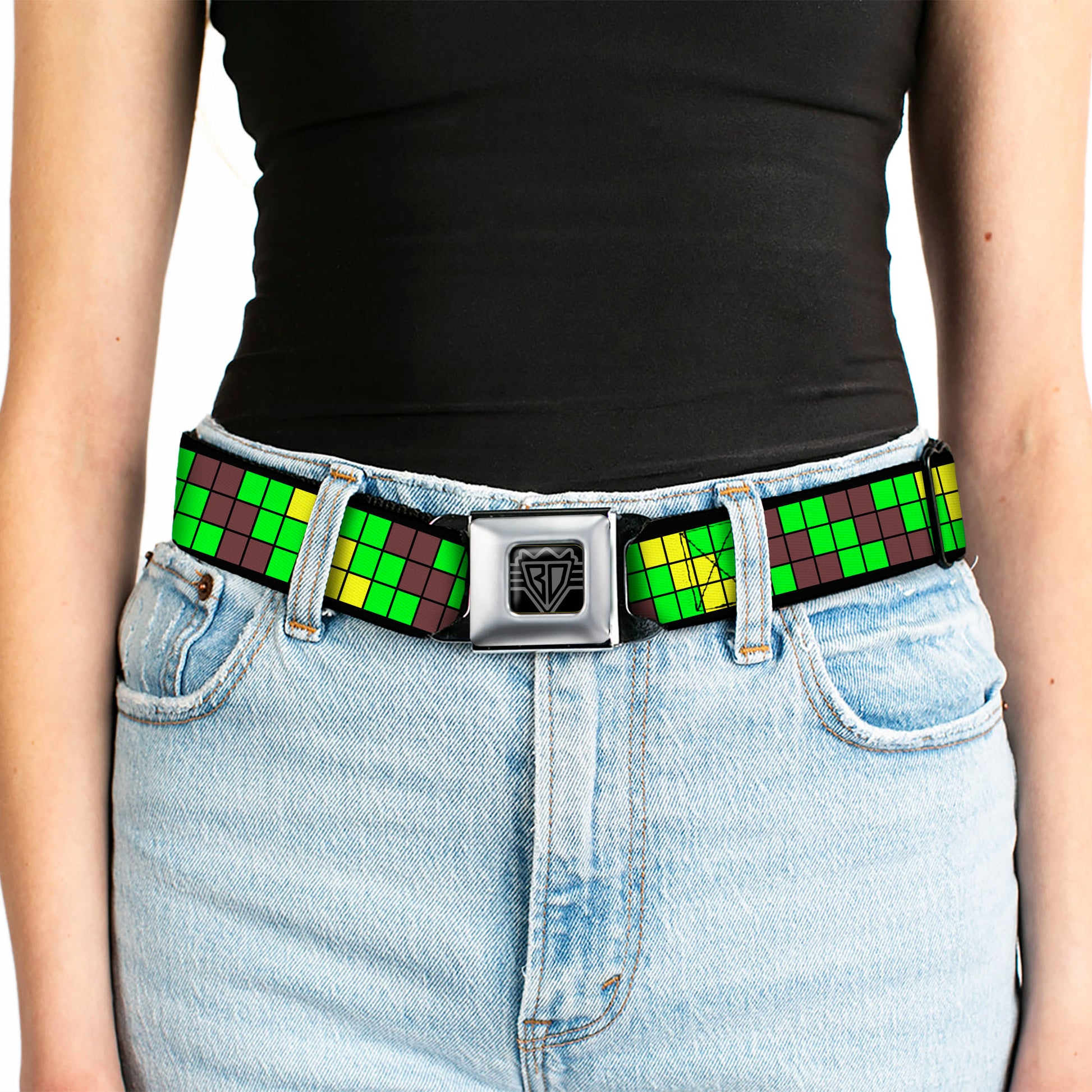 BD Wings Logo CLOSE-UP Black/Silver Seatbelt Belt - 8-Bit Pixel Step Stripe Black/Brown/Green/Yellow Webbing Seatbelt Belts Buckle-Down