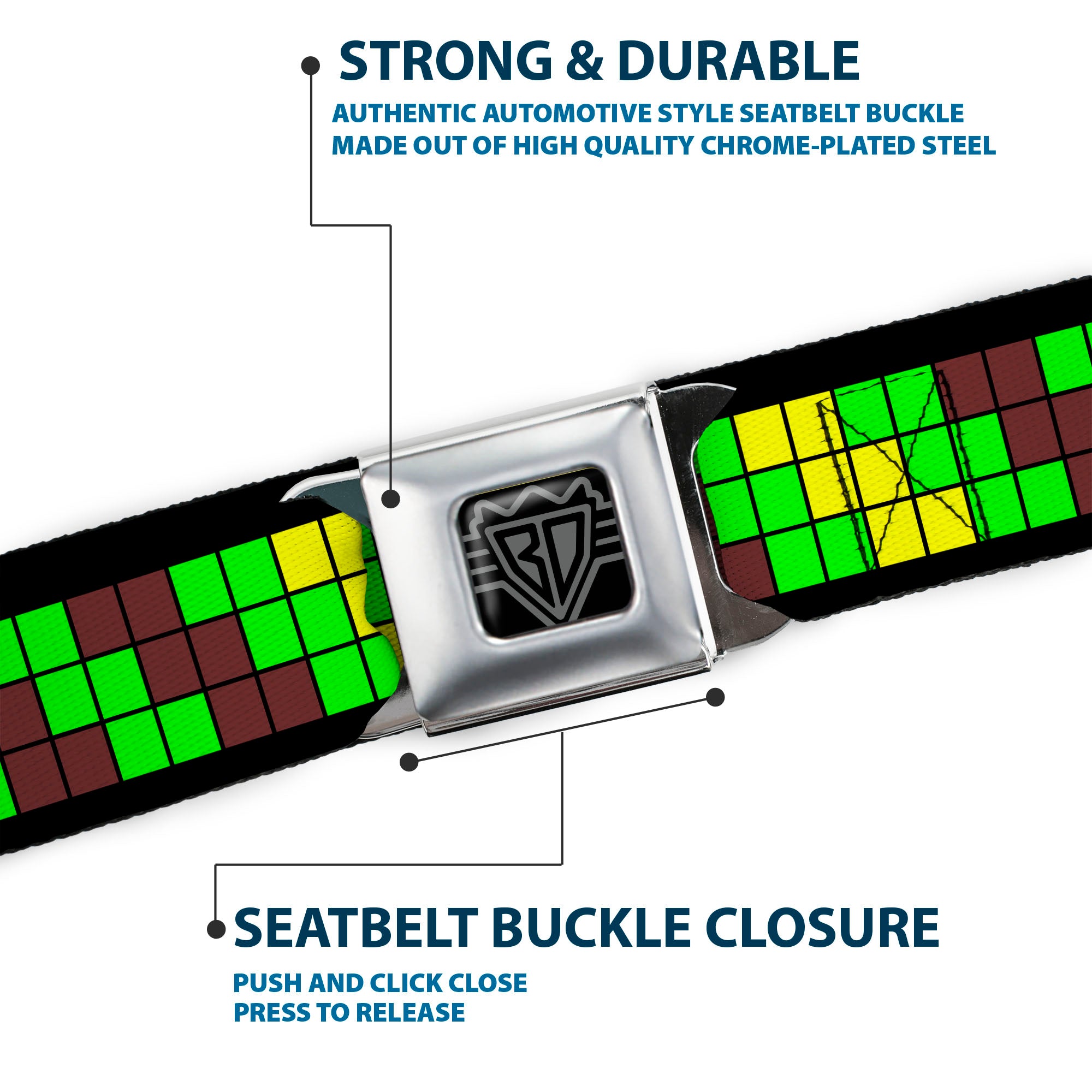 BD Wings Logo CLOSE-UP Black/Silver Seatbelt Belt - 8-Bit Pixel Step Stripe Black/Brown/Green/Yellow Webbing Seatbelt Belts Buckle-Down