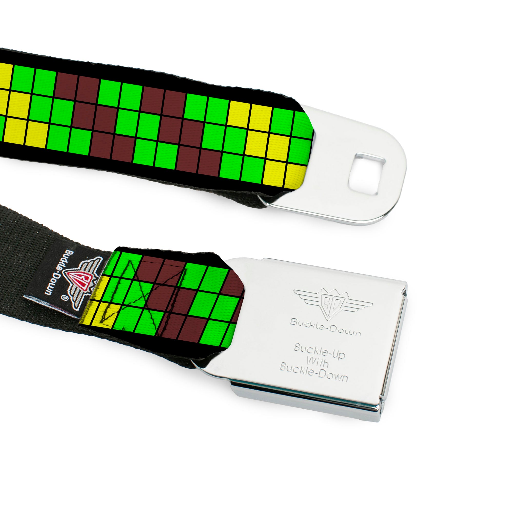 BD Wings Logo CLOSE-UP Black/Silver Seatbelt Belt - 8-Bit Pixel Step Stripe Black/Brown/Green/Yellow Webbing Seatbelt Belts Buckle-Down