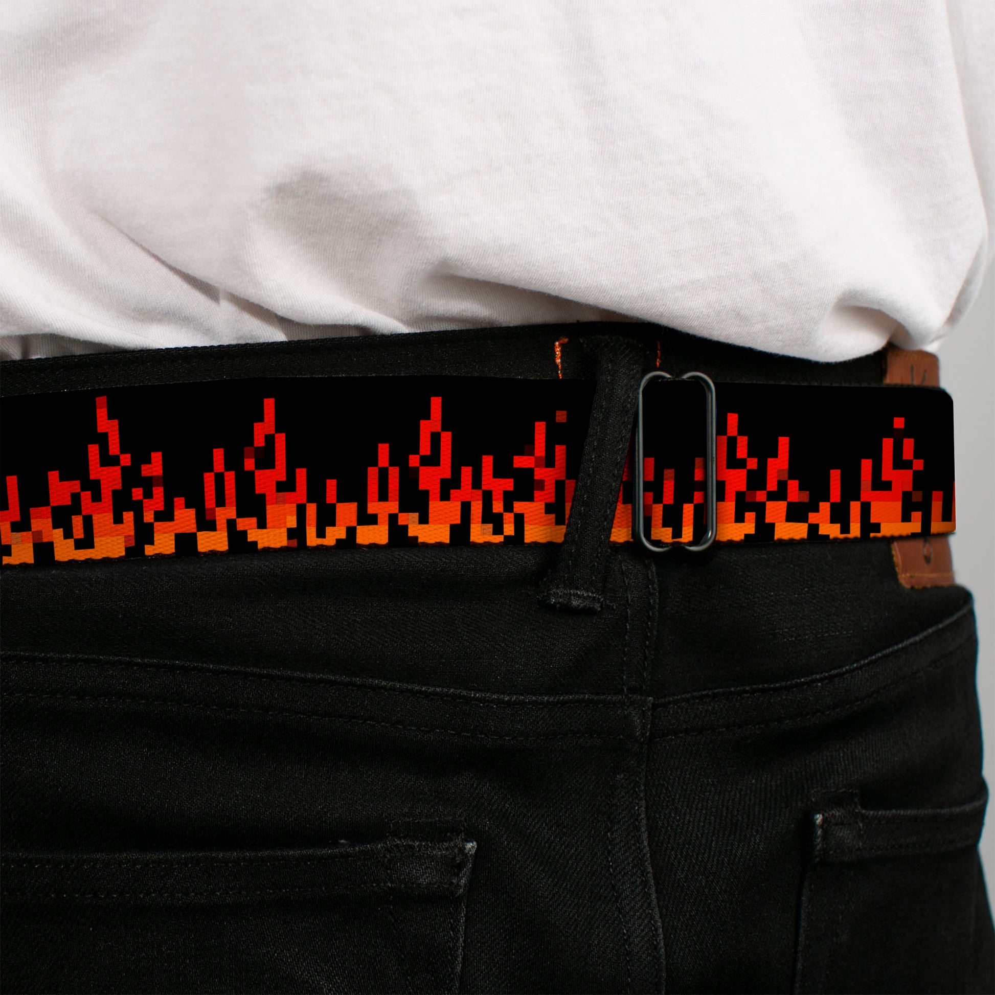 BD Wings Logo CLOSE-UP Black/Silver Seatbelt Belt - 8-Bit Pixel Flames Black/Oranges/Reds Webbing Seatbelt Belts Buckle-Down