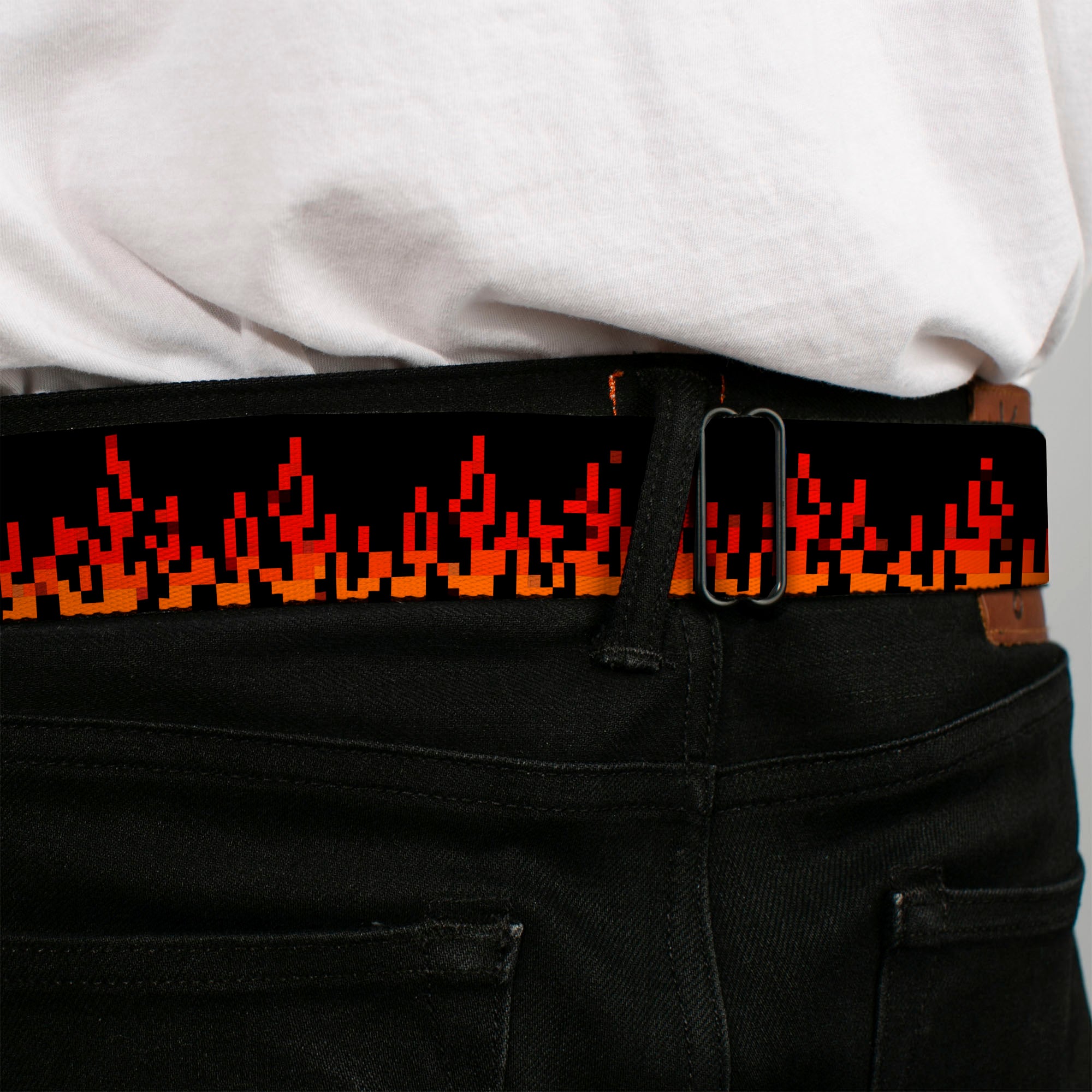 BD Wings Logo CLOSE-UP Black/Silver Seatbelt Belt - 8-Bit Pixel Flames Black/Oranges/Reds Webbing Seatbelt Belts Buckle-Down