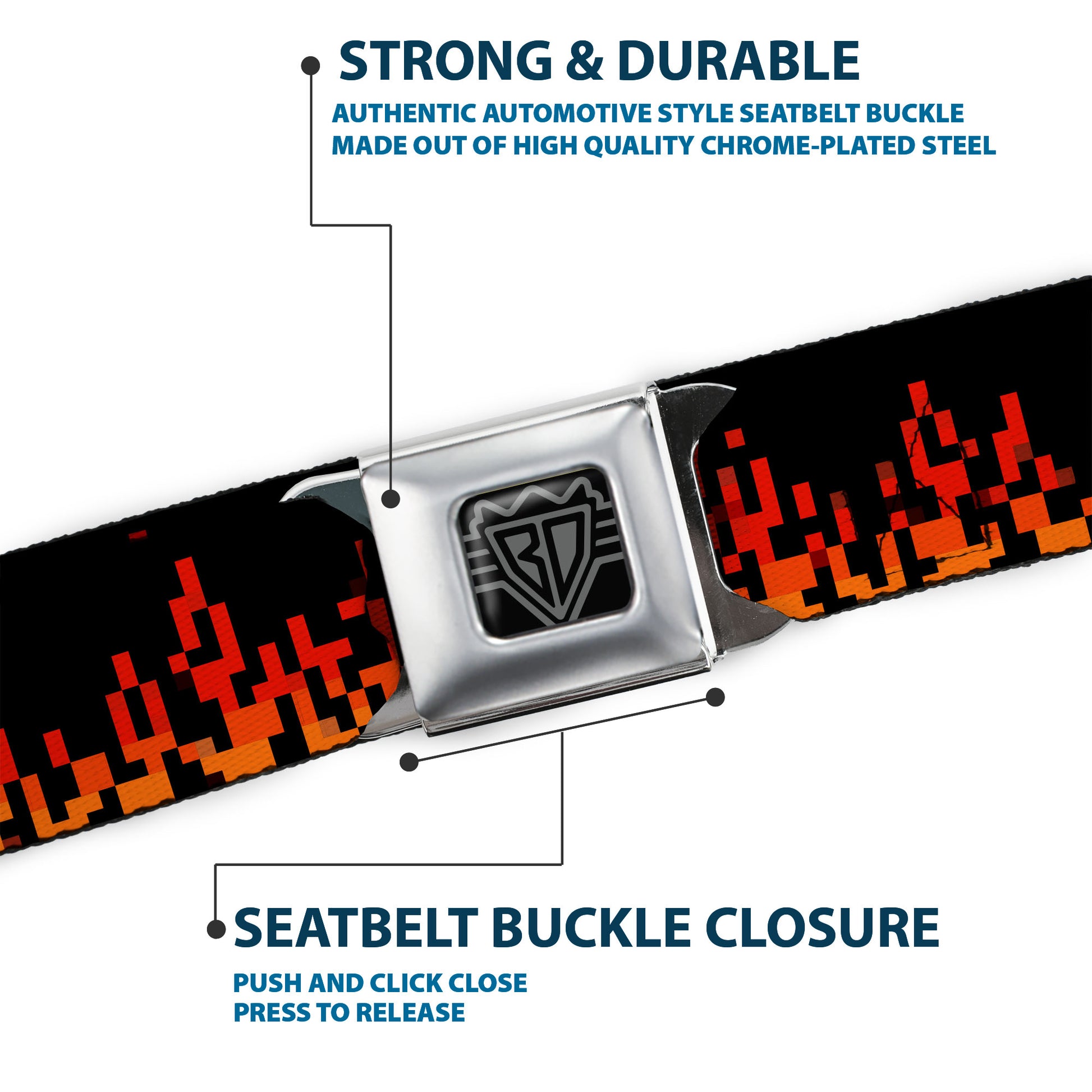 BD Wings Logo CLOSE-UP Black/Silver Seatbelt Belt - 8-Bit Pixel Flames Black/Oranges/Reds Webbing Seatbelt Belts Buckle-Down