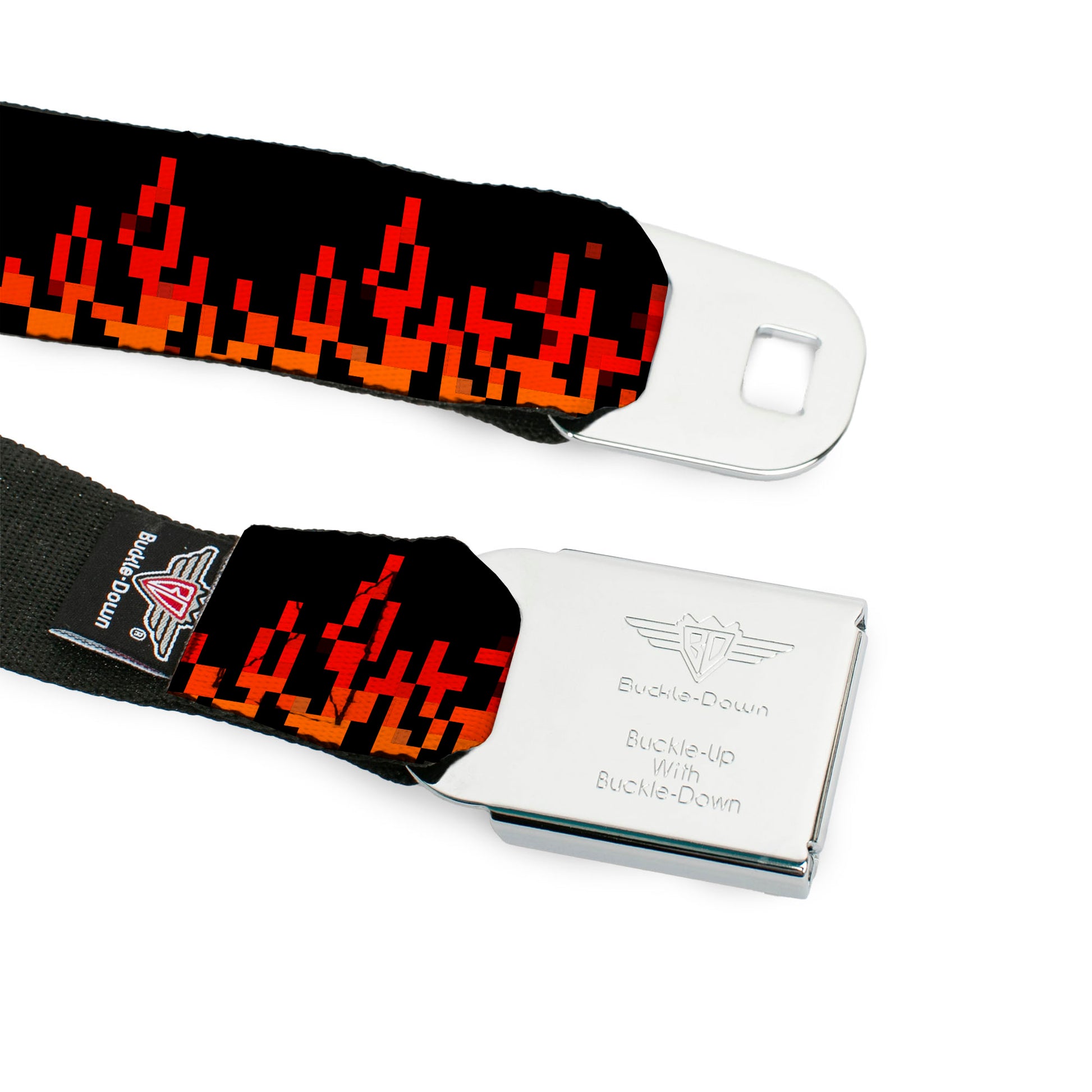 BD Wings Logo CLOSE-UP Black/Silver Seatbelt Belt - 8-Bit Pixel Flames Black/Oranges/Reds Webbing Seatbelt Belts Buckle-Down
