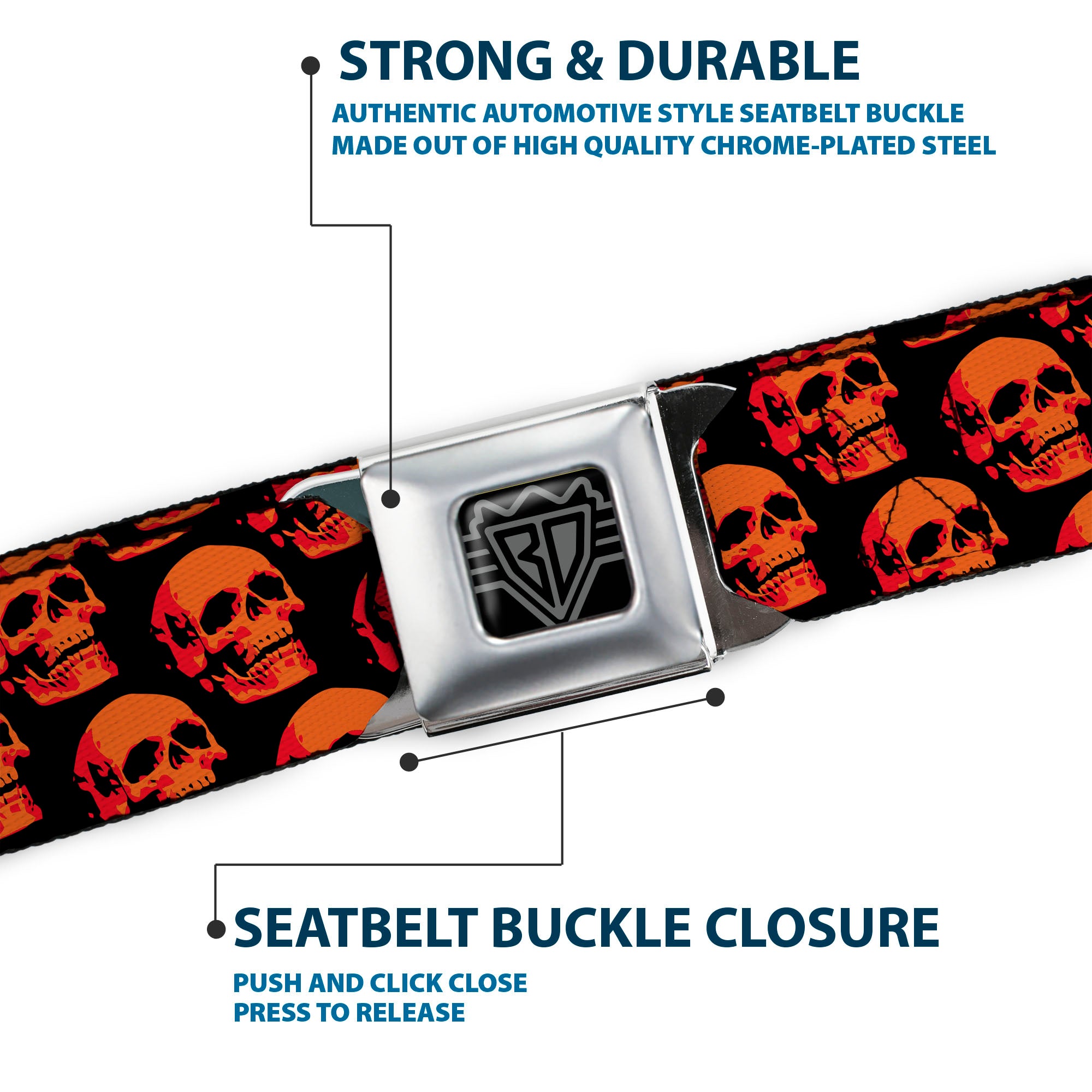 BD Wings Logo CLOSE-UP Full Color Black Silver Seatbelt Belt - 3-D Skulls Repeat Black/Reds Webbing Seatbelt Belts Buckle-Down