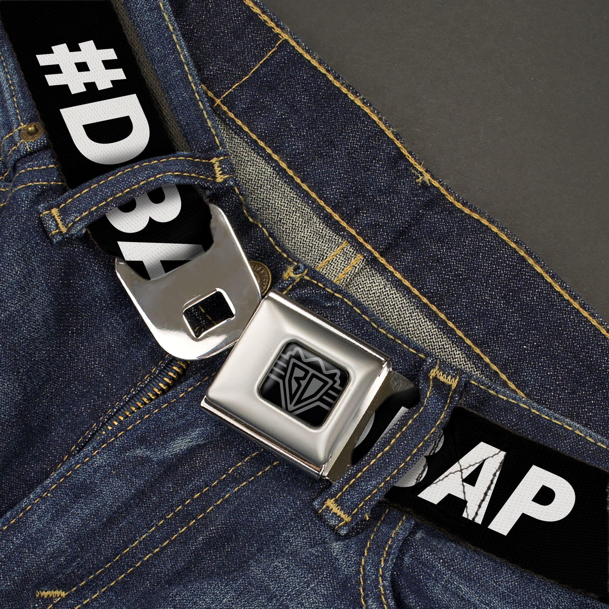 BD Wings Logo CLOSE-UP Black/Silver Seatbelt Belt - #DBAP Hash Tag Text Black/White Webbing Seatbelt Belts Buckle-Down