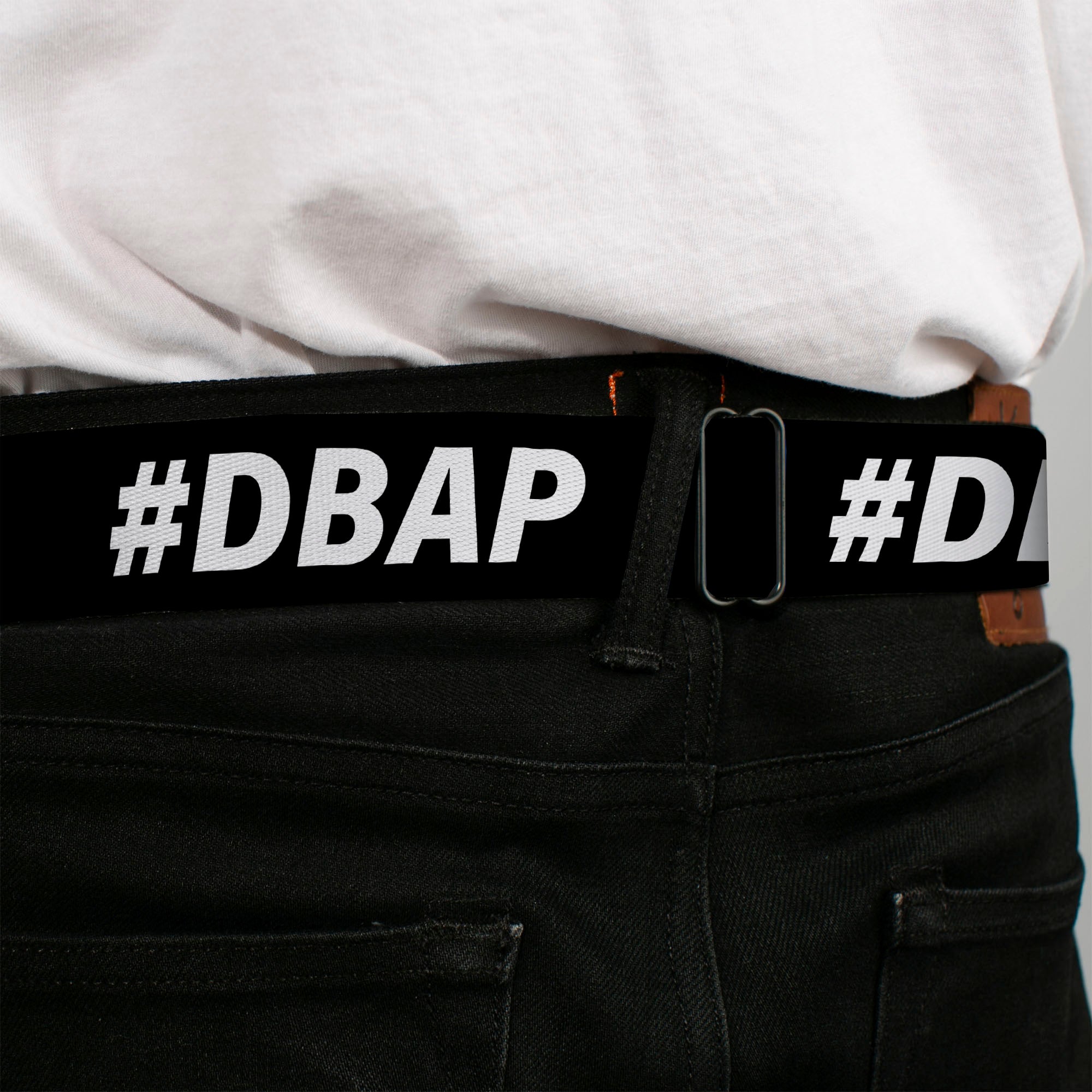 BD Wings Logo CLOSE-UP Black/Silver Seatbelt Belt - #DBAP Hash Tag Text Black/White Webbing Seatbelt Belts Buckle-Down