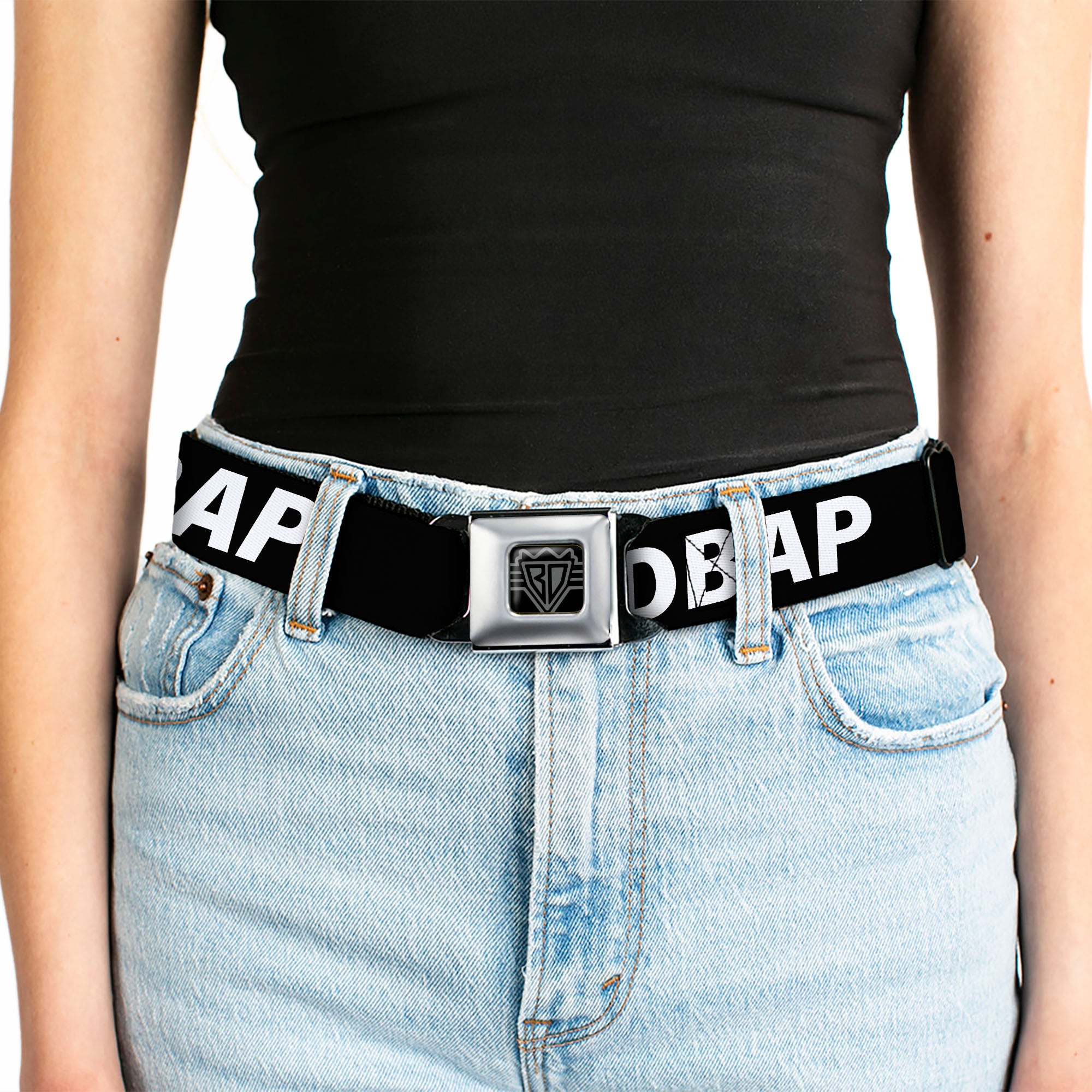 BD Wings Logo CLOSE-UP Black/Silver Seatbelt Belt - #DBAP Hash Tag Text Black/White Webbing Seatbelt Belts Buckle-Down