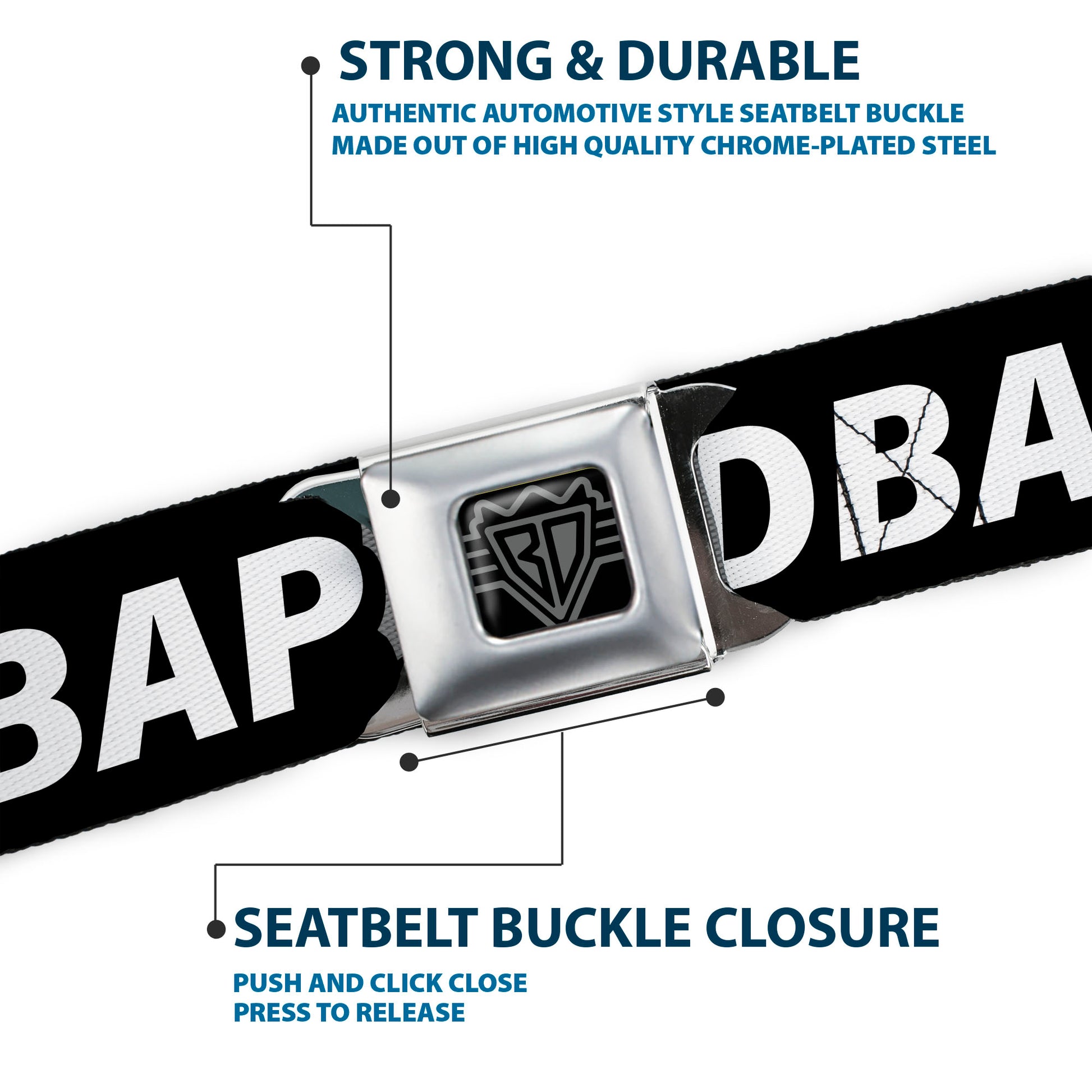 BD Wings Logo CLOSE-UP Black/Silver Seatbelt Belt - #DBAP Hash Tag Text Black/White Webbing Seatbelt Belts Buckle-Down