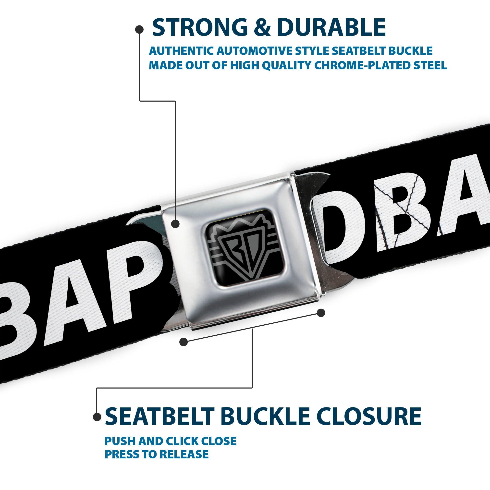 BD Wings Logo CLOSE-UP Black/Silver Seatbelt Belt - #DBAP Hash Tag Text Black/White Webbing Seatbelt Belts Buckle-Down