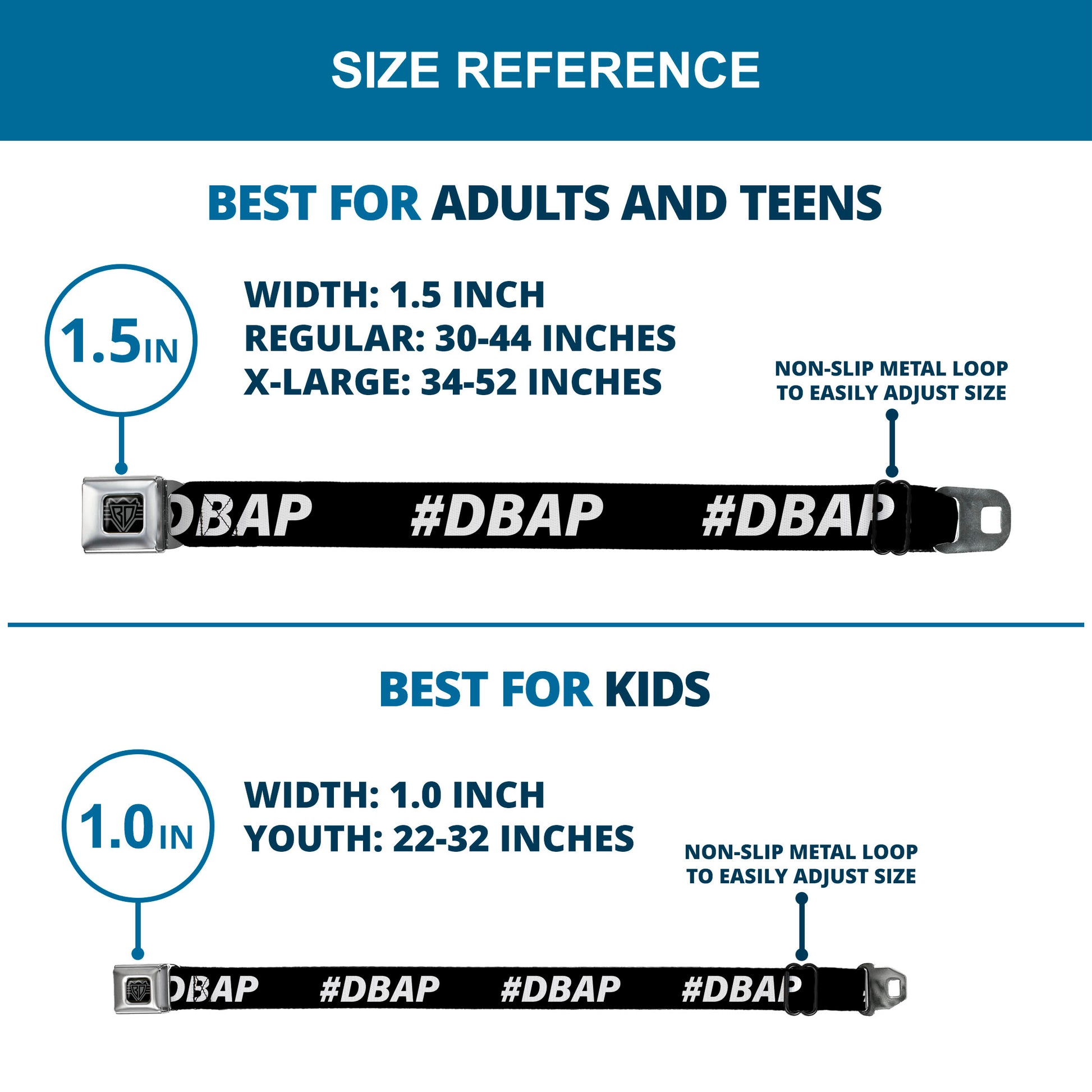 BD Wings Logo CLOSE-UP Black/Silver Seatbelt Belt - #DBAP Hash Tag Text Black/White Webbing Seatbelt Belts Buckle-Down