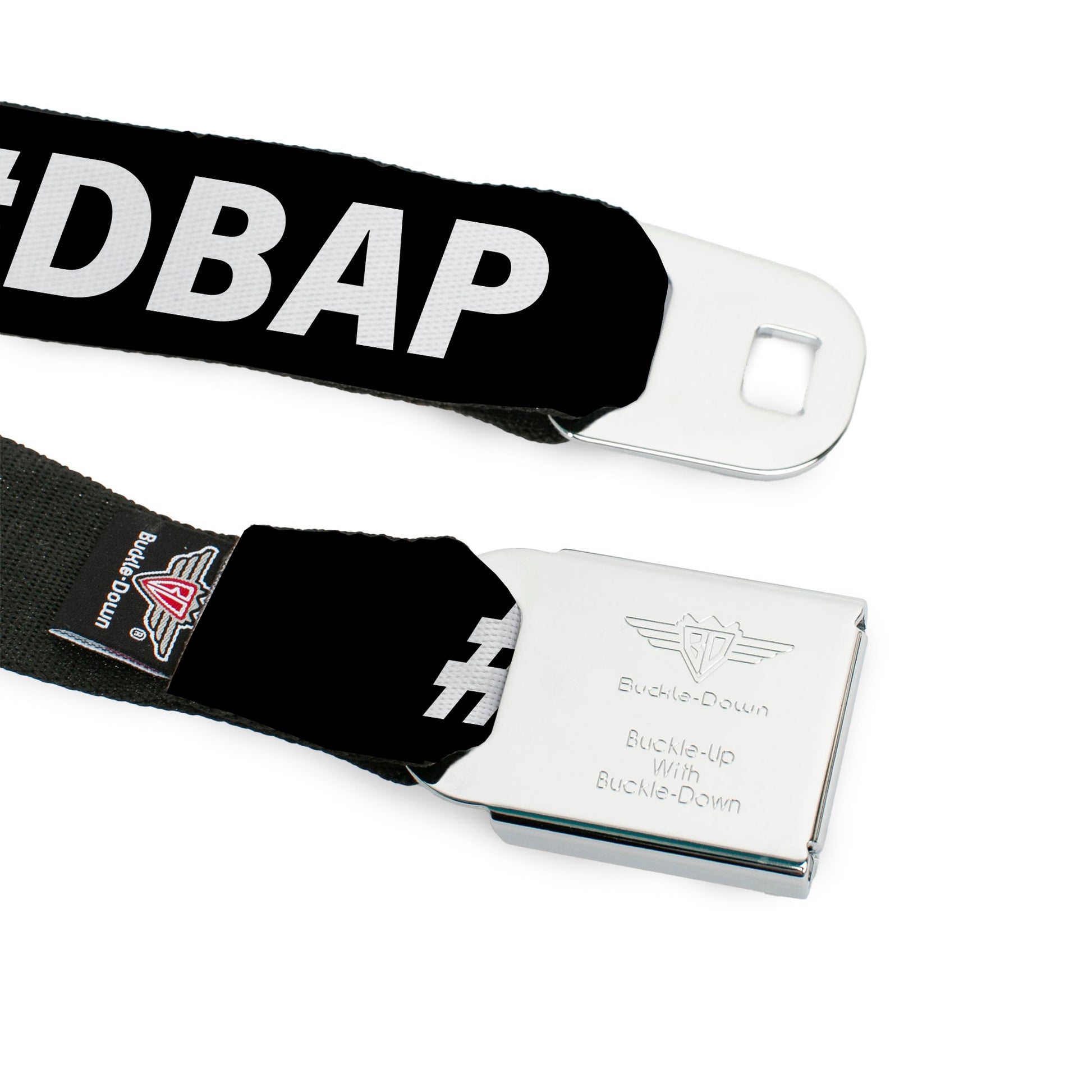BD Wings Logo CLOSE-UP Black/Silver Seatbelt Belt - #DBAP Hash Tag Text Black/White Webbing Seatbelt Belts Buckle-Down