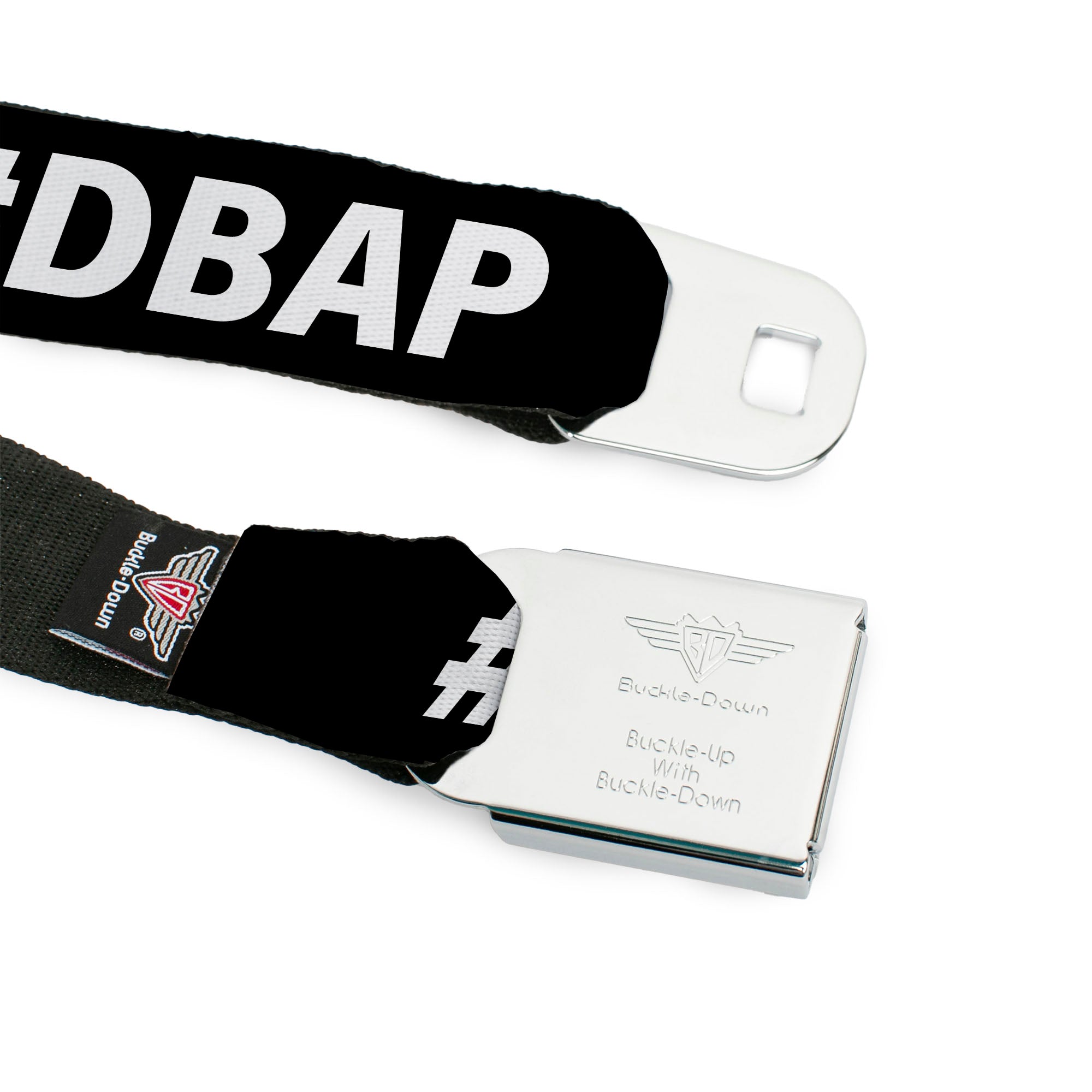BD Wings Logo CLOSE-UP Black/Silver Seatbelt Belt - #DBAP Hash Tag Text Black/White Webbing Seatbelt Belts Buckle-Down
