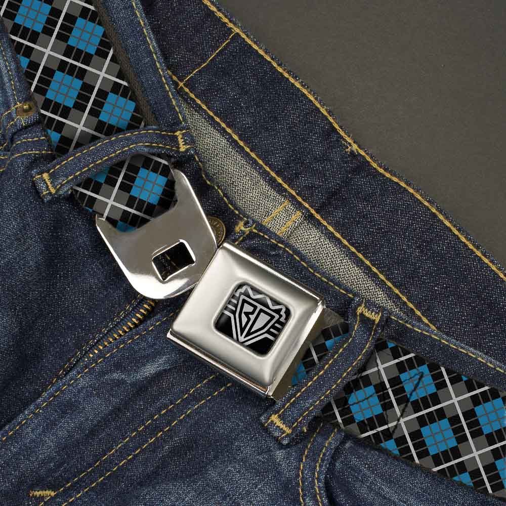 BD Wings Logo CLOSE-UP Full Color Black Silver Seatbelt Belt - Argyle Black/Gray/Turquoise Webbing Seatbelt Belts Buckle-Down