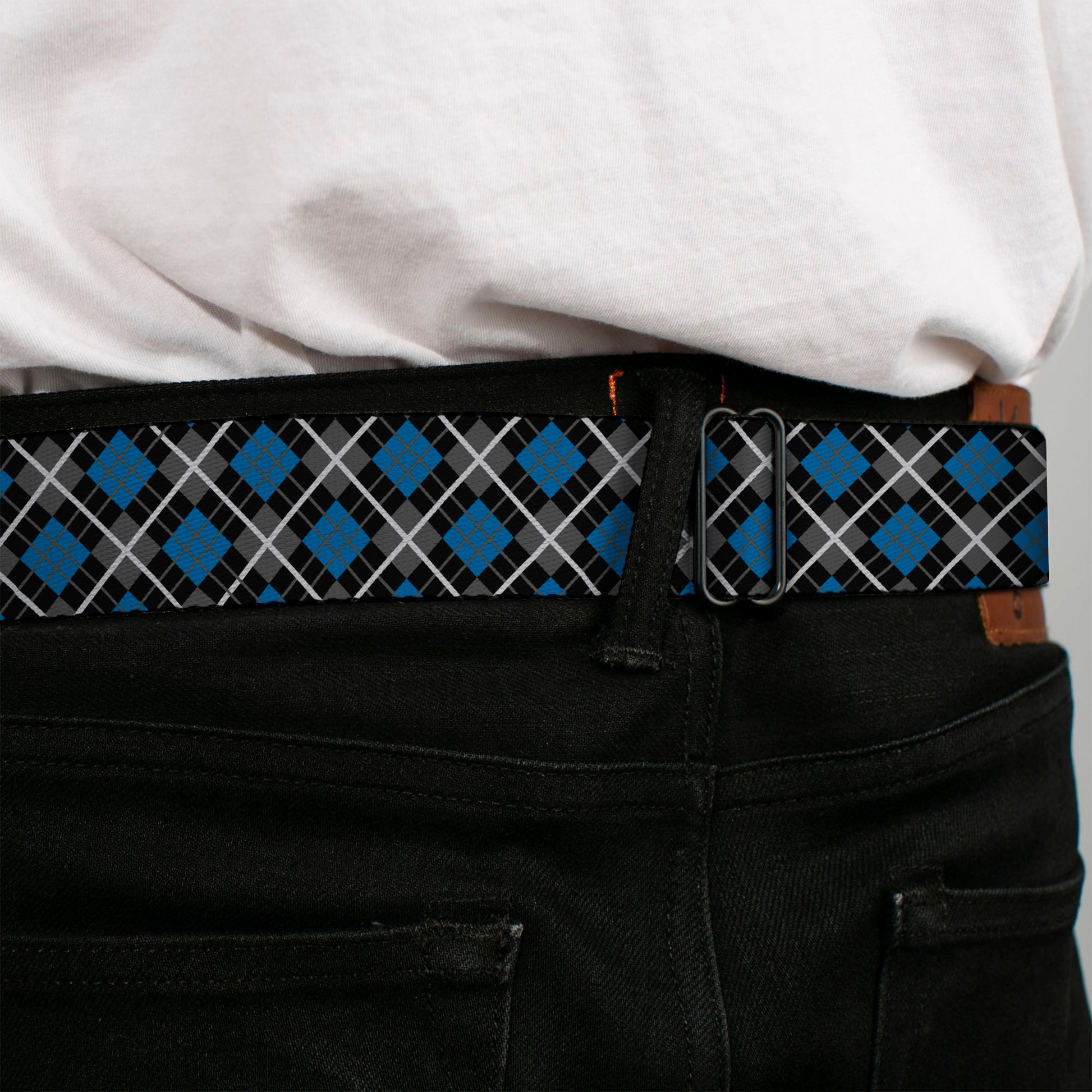 BD Wings Logo CLOSE-UP Full Color Black Silver Seatbelt Belt - Argyle Black/Gray/Turquoise Webbing Seatbelt Belts Buckle-Down