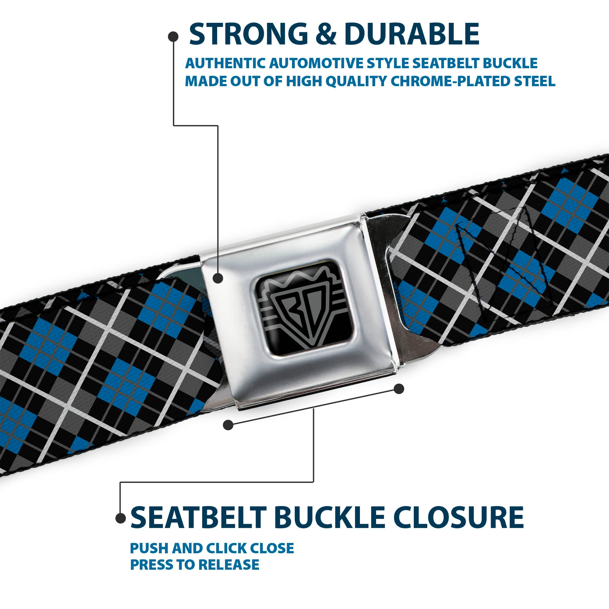 BD Wings Logo CLOSE-UP Full Color Black Silver Seatbelt Belt - Argyle Black/Gray/Turquoise Webbing Seatbelt Belts Buckle-Down