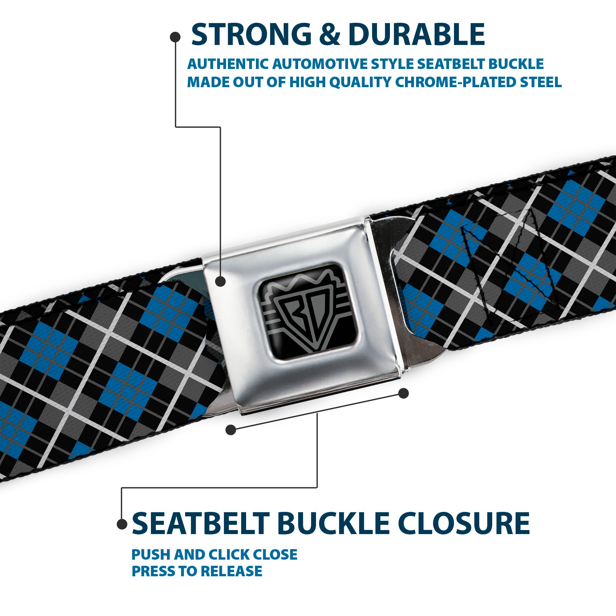 BD Wings Logo CLOSE-UP Full Color Black Silver Seatbelt Belt - Argyle Black/Gray/Turquoise Webbing Seatbelt Belts Buckle-Down