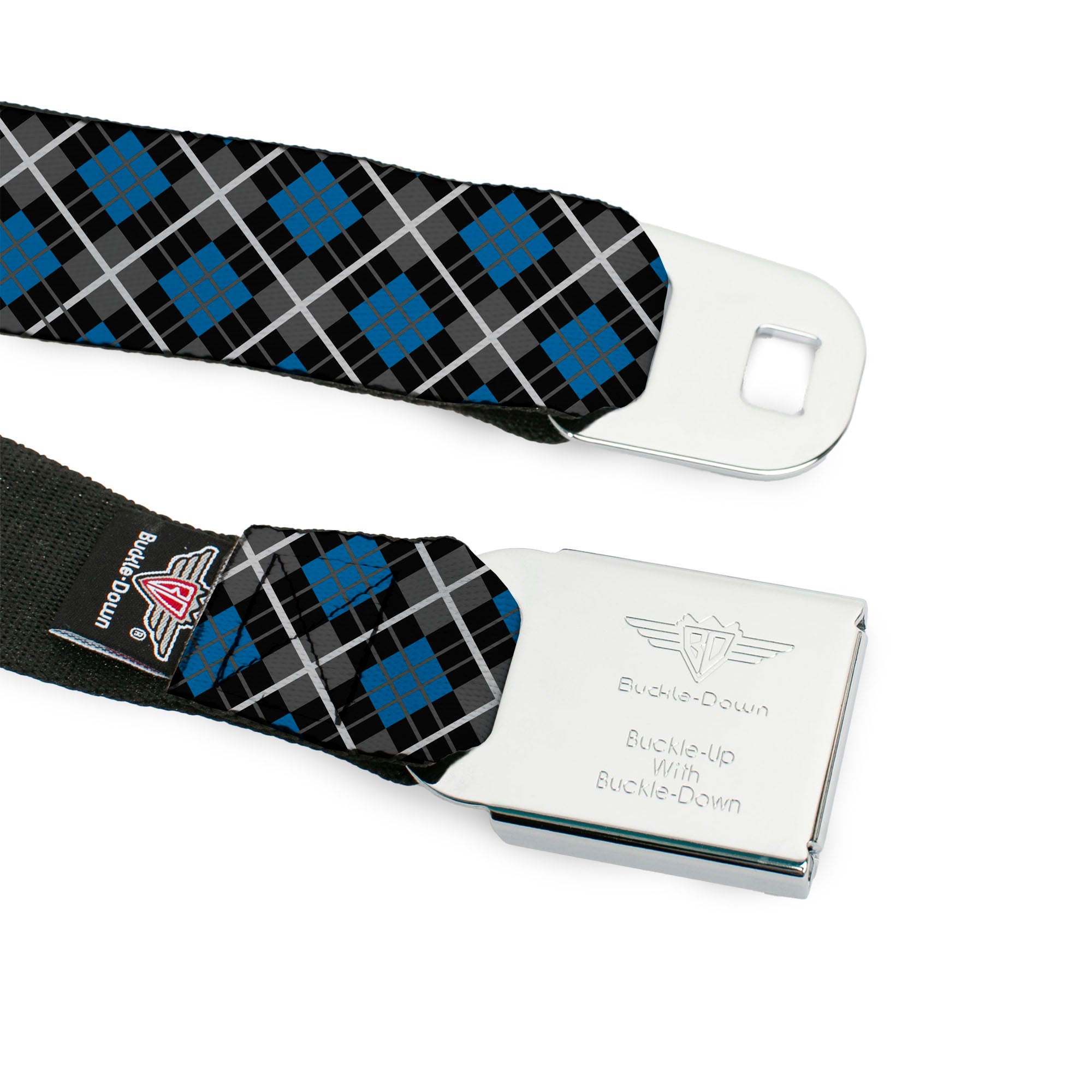 BD Wings Logo CLOSE-UP Full Color Black Silver Seatbelt Belt - Argyle Black/Gray/Turquoise Webbing Seatbelt Belts Buckle-Down
