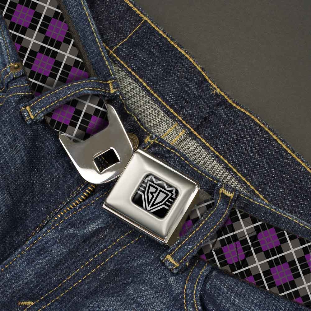 BD Wings Logo CLOSE-UP Full Color Black Silver Seatbelt Belt - Argyle Black/Gray/Purple Webbing Seatbelt Belts Buckle-Down
