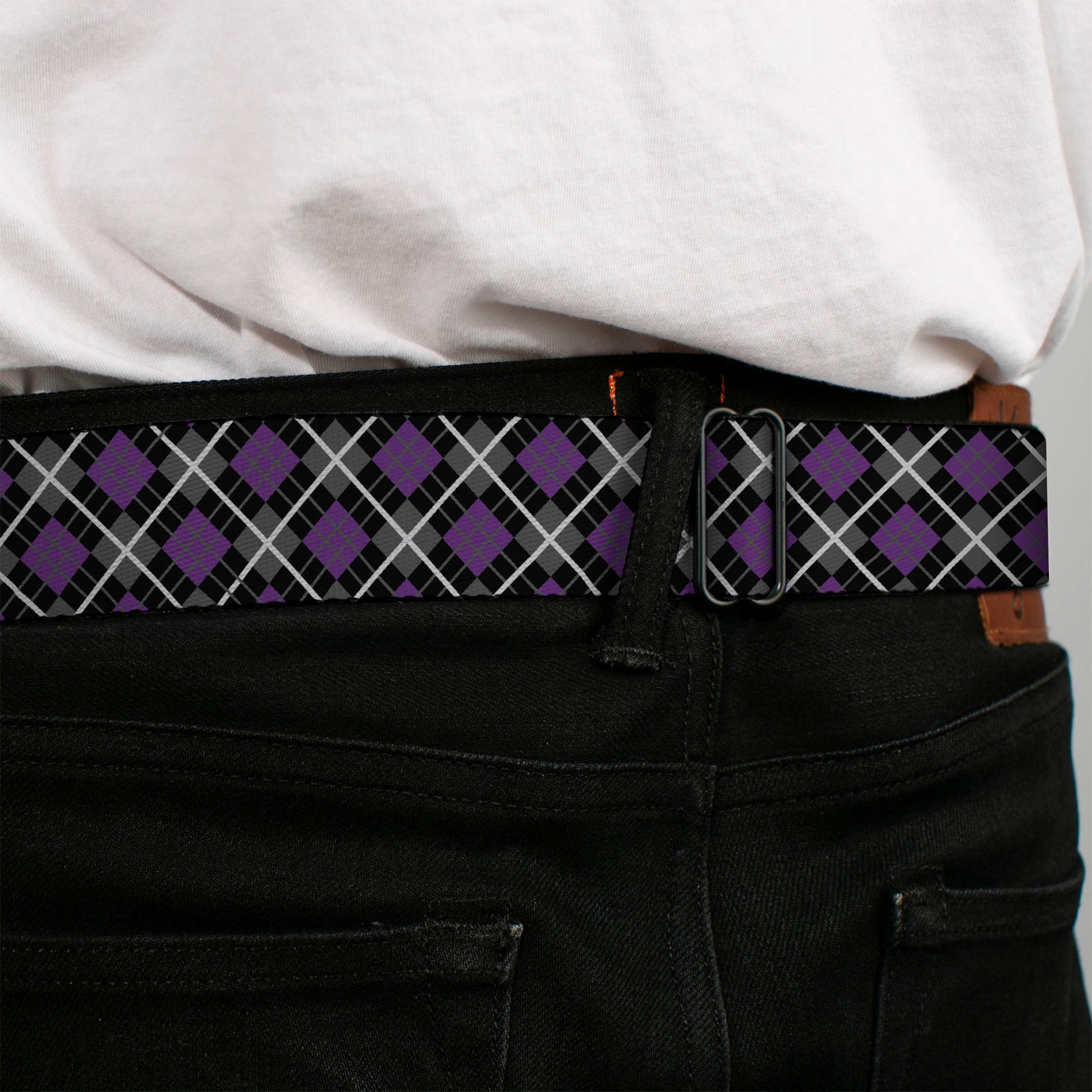 BD Wings Logo CLOSE-UP Full Color Black Silver Seatbelt Belt - Argyle Black/Gray/Purple Webbing Seatbelt Belts Buckle-Down