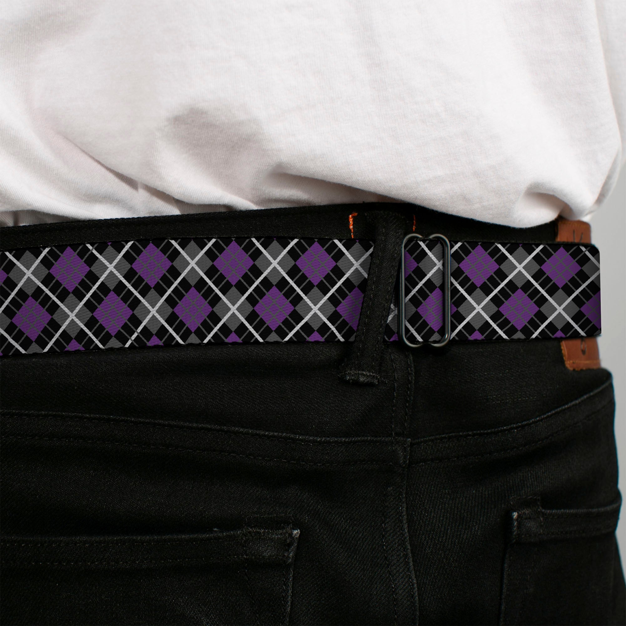 BD Wings Logo CLOSE-UP Full Color Black Silver Seatbelt Belt - Argyle Black/Gray/Purple Webbing Seatbelt Belts Buckle-Down