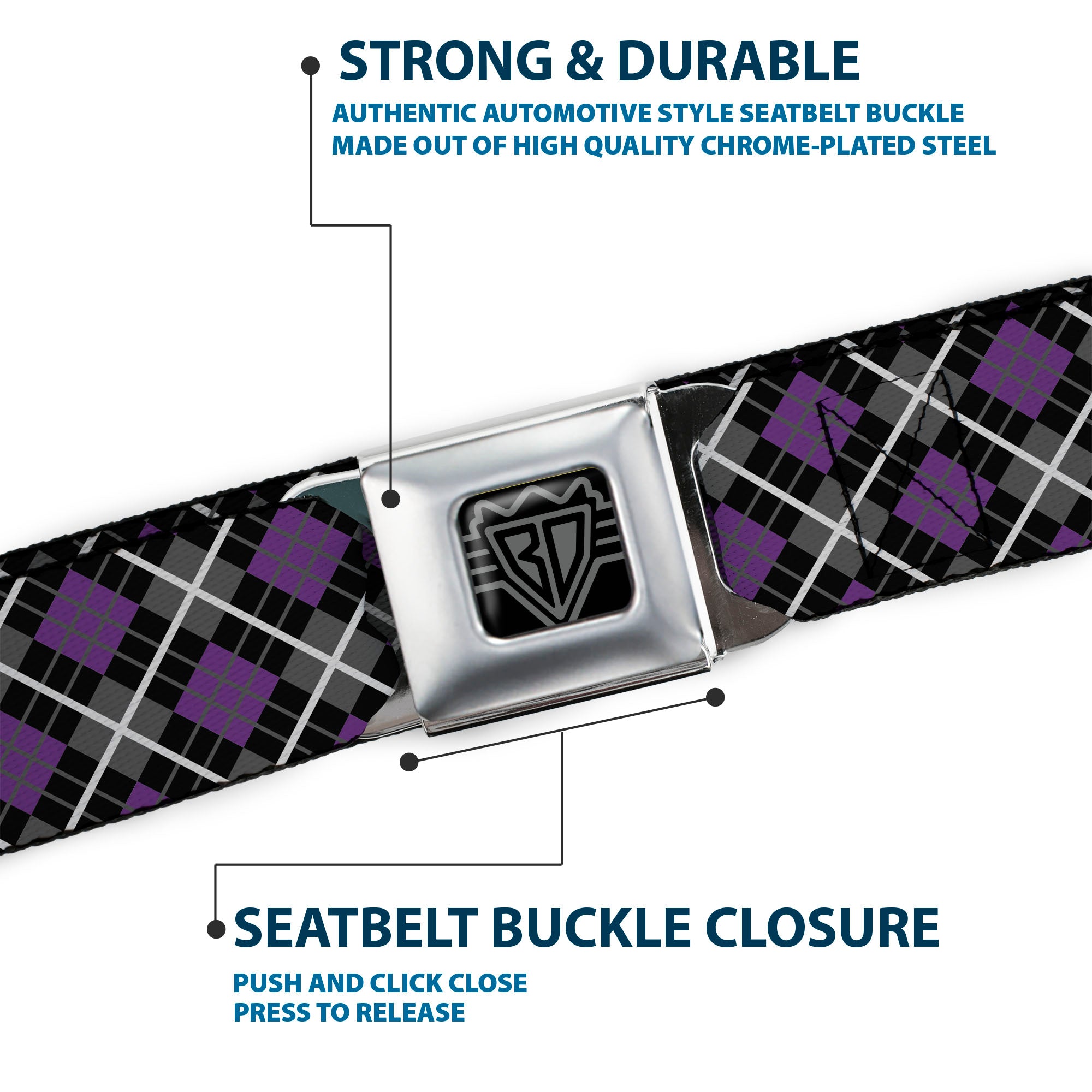 BD Wings Logo CLOSE-UP Full Color Black Silver Seatbelt Belt - Argyle Black/Gray/Purple Webbing Seatbelt Belts Buckle-Down