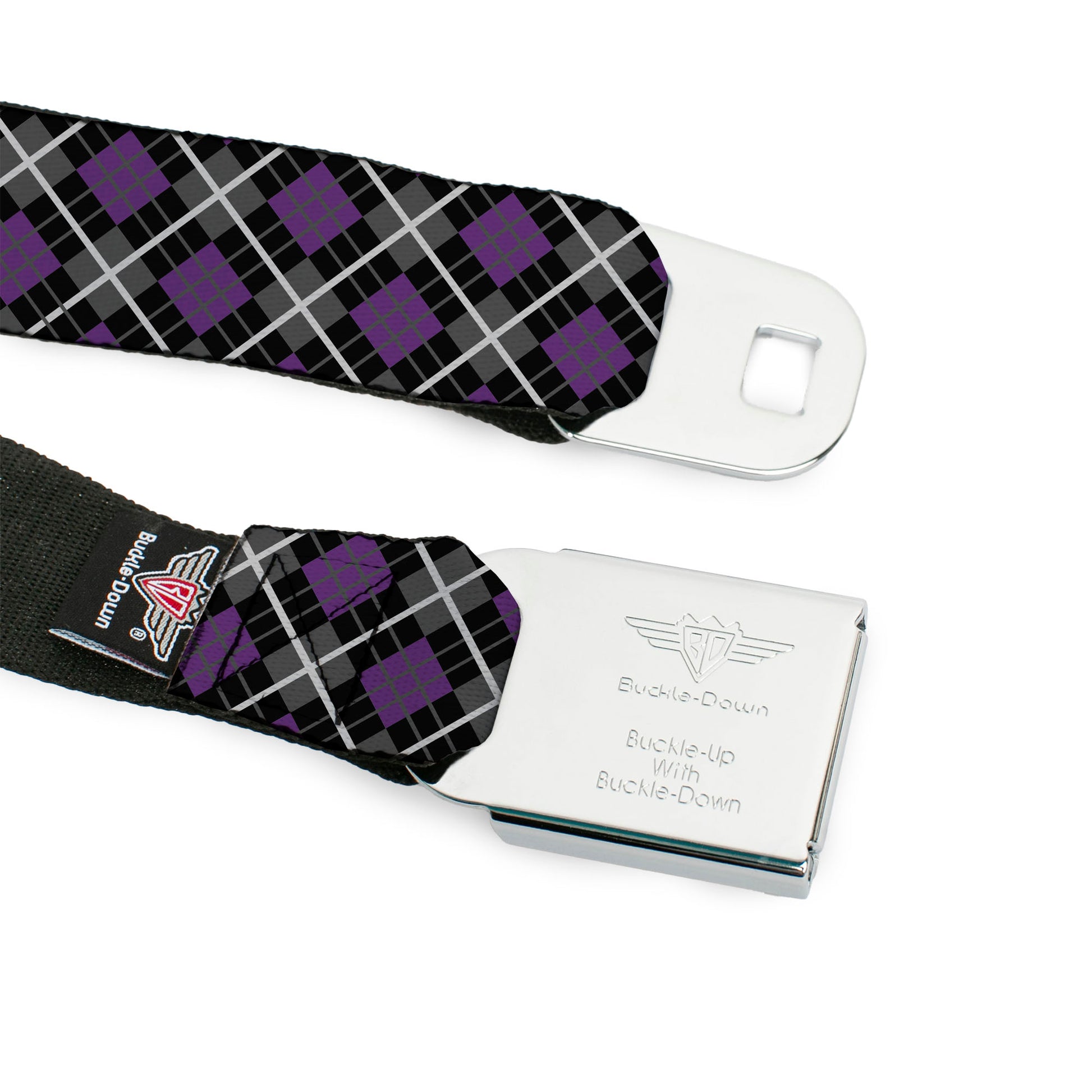 BD Wings Logo CLOSE-UP Full Color Black Silver Seatbelt Belt - Argyle Black/Gray/Purple Webbing Seatbelt Belts Buckle-Down