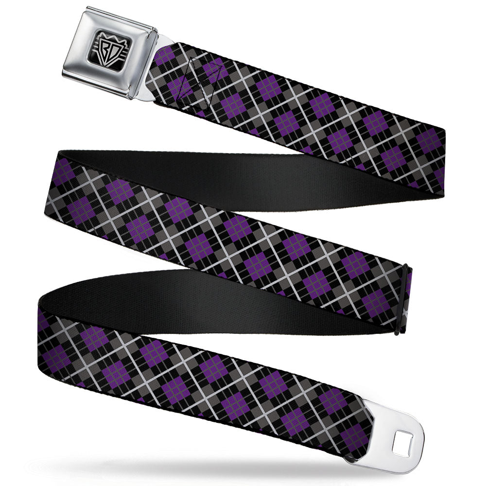 BD Wings Logo CLOSE-UP Full Color Black Silver Seatbelt Belt - Argyle Black/Gray/Purple Webbing Seatbelt Belts Buckle-Down