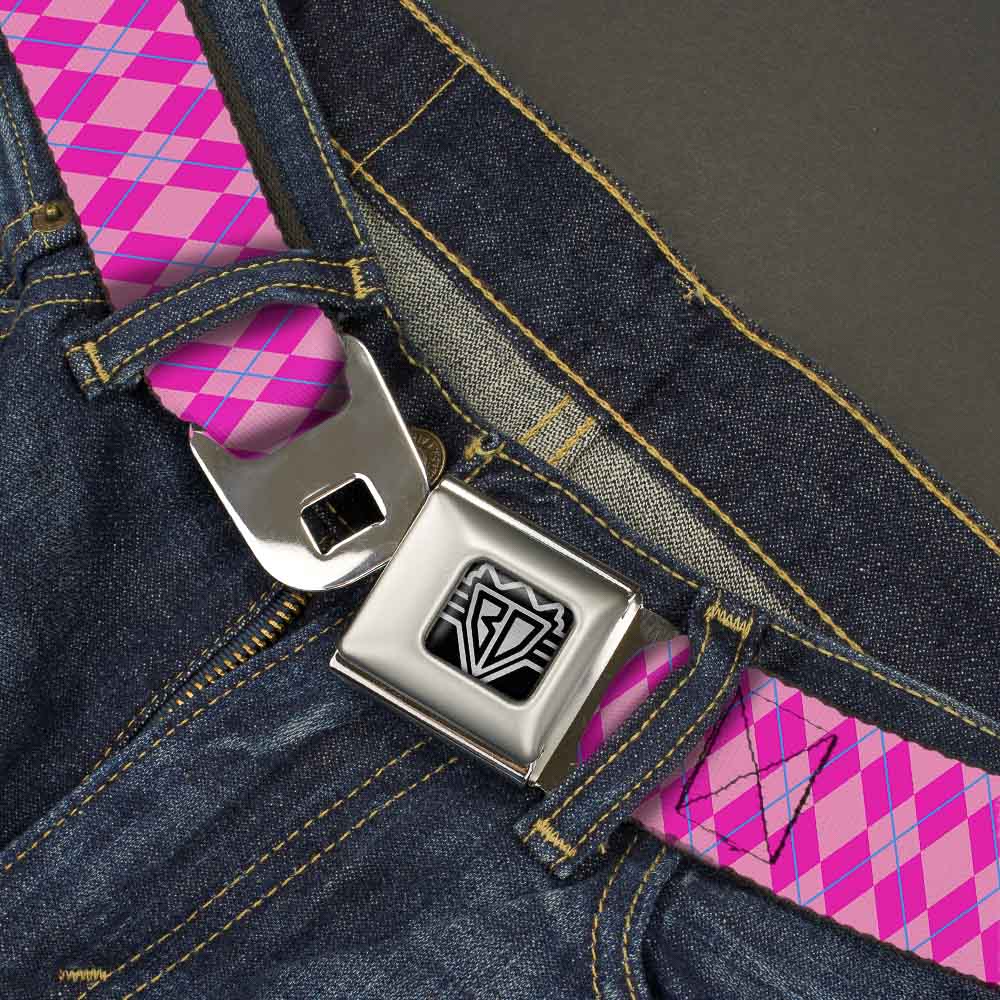 BD Wings Logo CLOSE-UP Full Color Black Silver Seatbelt Belt - Argyle Pink/Fuchsia/Blue Webbing Seatbelt Belts Buckle-Down